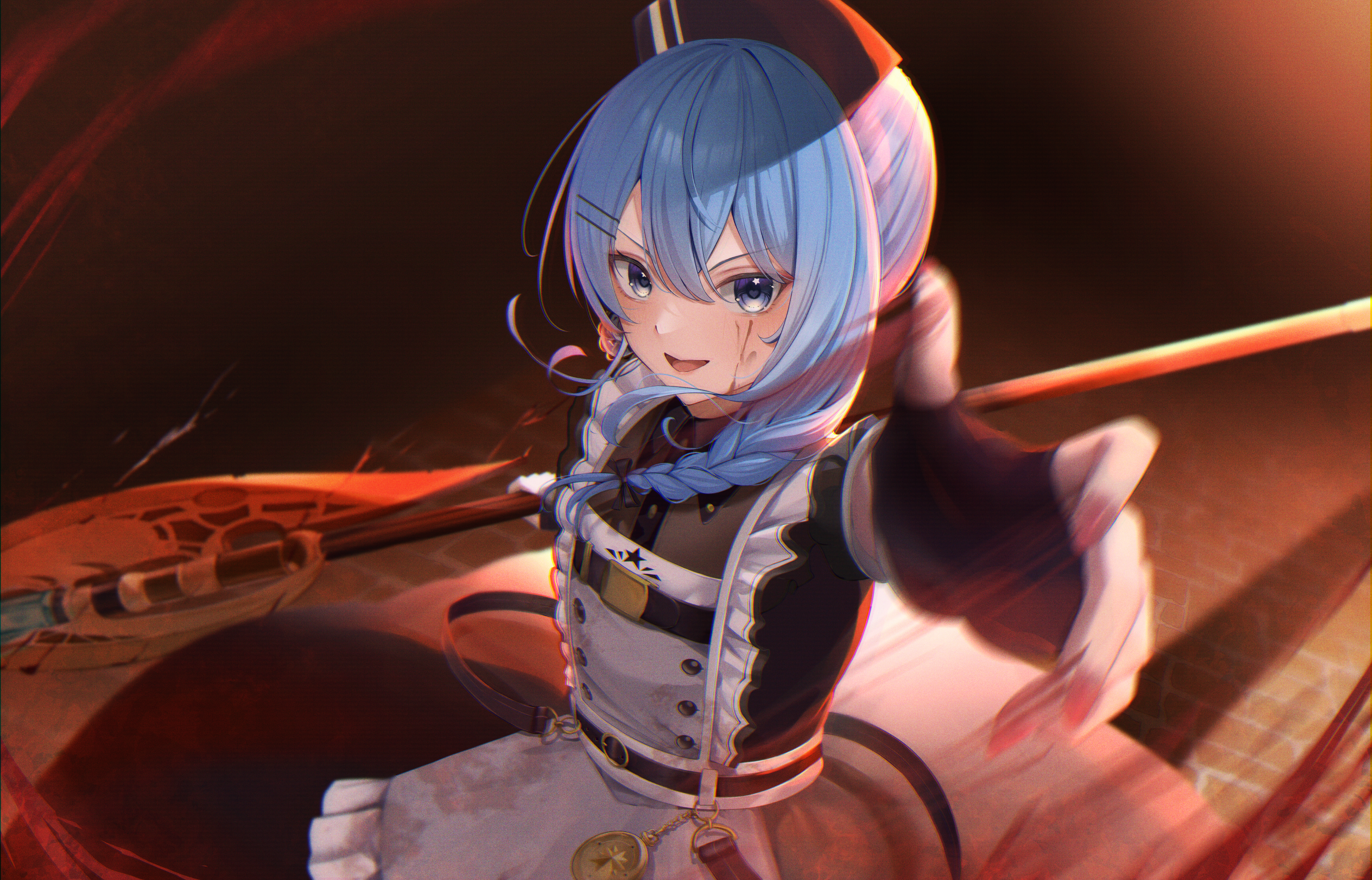 Anime 3984x2557 anime anime girls artwork blue hair maid maid outfit blue eyes looking at viewer simple background braids arms reaching smiling minimalism Hoshimachi Suisei Hololive Virtual Youtuber