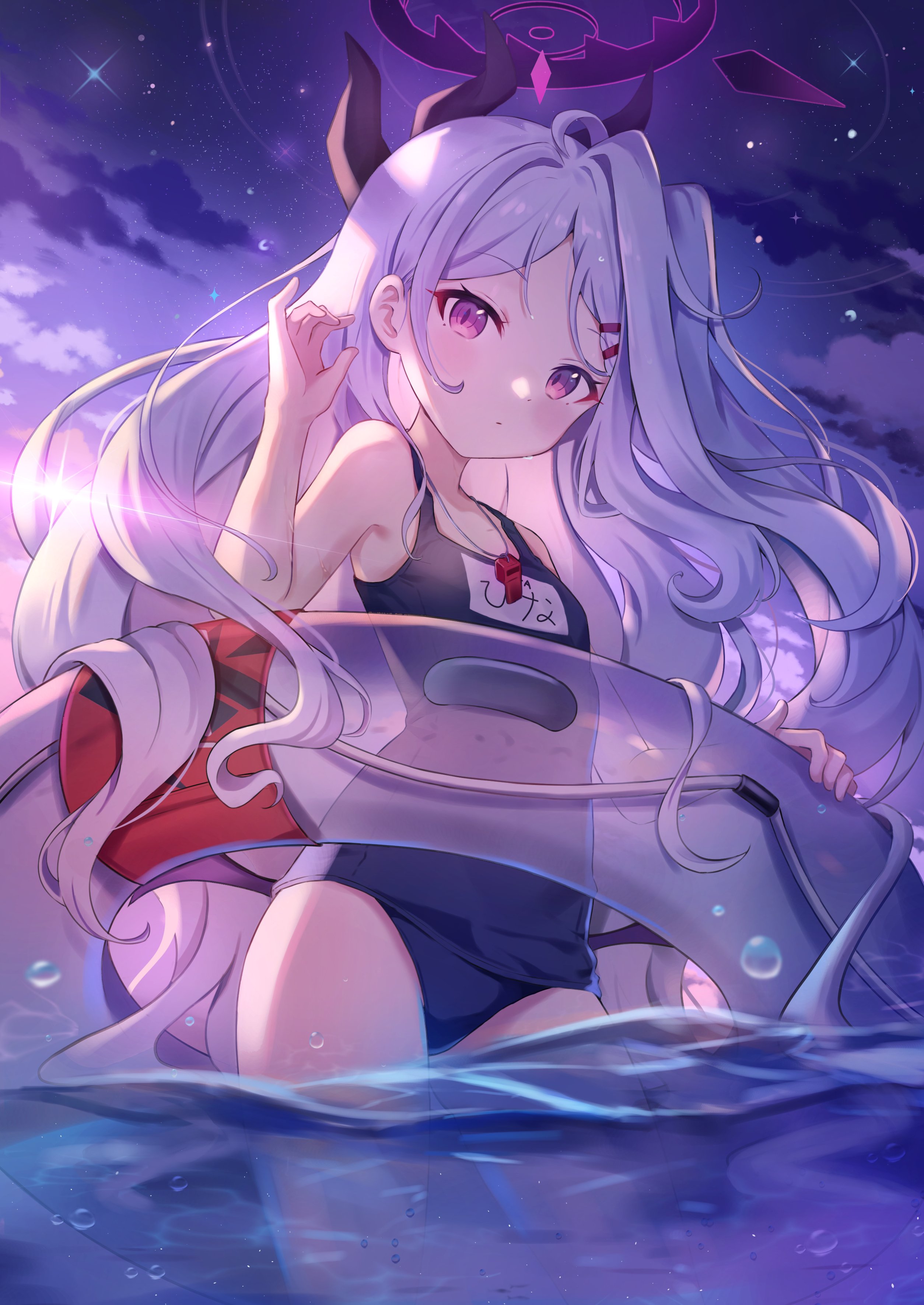 Anime 2508x3541 anime girls Blue Archive swimwear school swimsuits Sorasaki Hina (Blue Archive) portrait display fan art purple eyes demon horns long hair looking at viewer standing standing in water floater clouds sky one-piece swimsuit whistle stars bubbles water anime girl with wings wet wet body