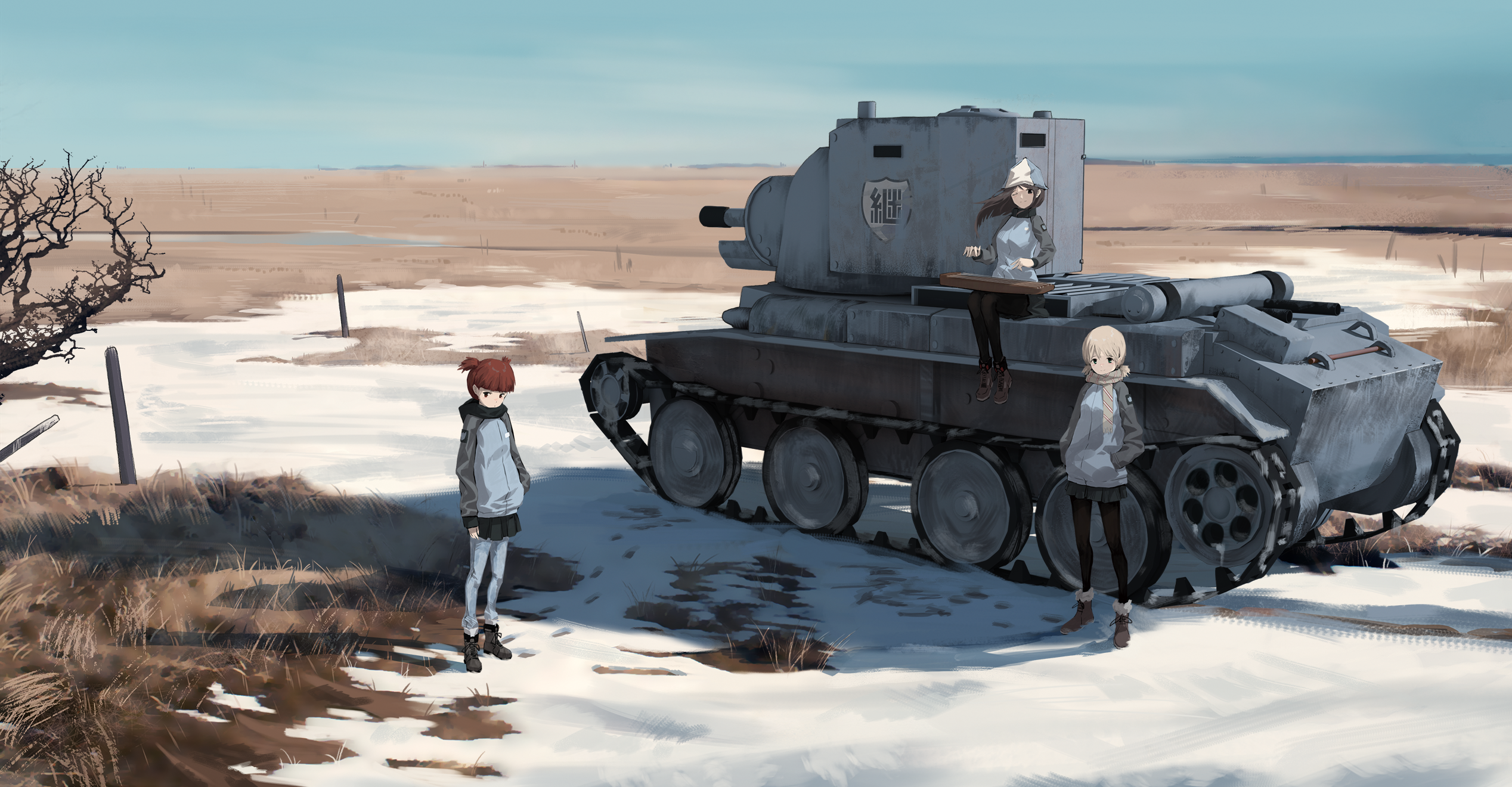 Anime 2536x1320 Mika (Girls Und Panzer) snow Girls und Panzer anime girls tank standing clouds hands in pockets scarf looking at viewer short hair one eye closed sitting hair blowing in the wind wind
