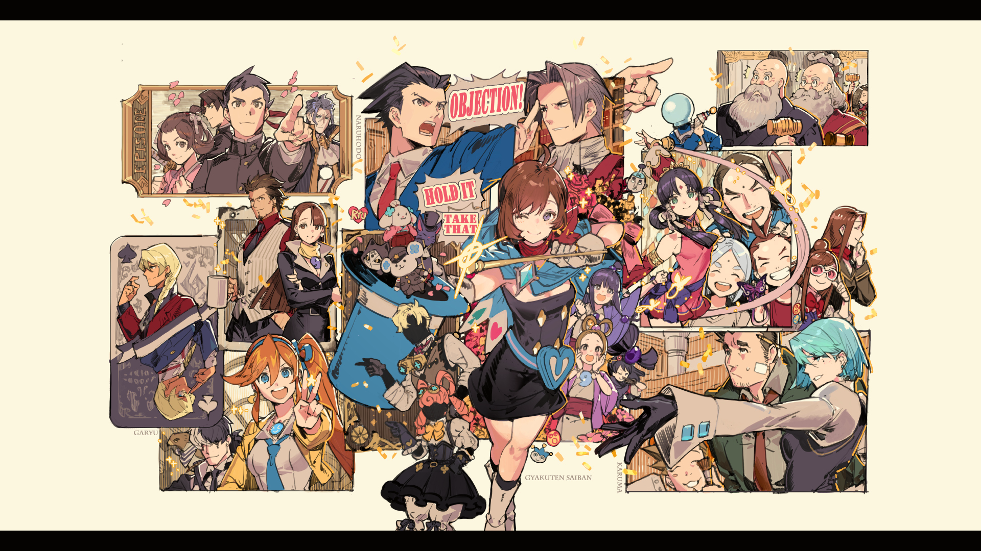 Anime 1920x1080 video games Capcom video game girls video game men ace attorney phoenix wright Miles Edgeworth Trucy Wright Franziska von Karma Maya Fey Mia Fey Dick Gumshoe Ryunosuke Naruhodo Susato Mikotoba Sherlock Holmes Athena Cykes Godot Herlock Sholmes (Ace Attorney) Iris Wilson (Ace Attorney) Klavier Gavin (Ace Attorney) Kristoph Gavin (Ace Attorney) Judge Barok van Zieks (Ace Attorney) Apollo Justice Rayfa Padma Khura'in (Ace Attorney) Dhurke Sahdmadhi (Ace Attorney) Nahyuta Sahdmadhi (Ace Attorney) Steel Samurai (Ace Attorney) Wendy Oldbag (Ace Attorney) Pearl Fey Kay Faraday Kazuma Asogi collage coffee mug coffee cup playing cards peace sign long hair short hair Spiky Hair redhead brunette red tie bangs blunt bangs pink hair blue hair top hat ponytail vest dress scarf red scarfs Ema Skye Larry Butz suit and tie suits finger pointing beads necklace hammer gray hair hawks jewel Starshadowmagic