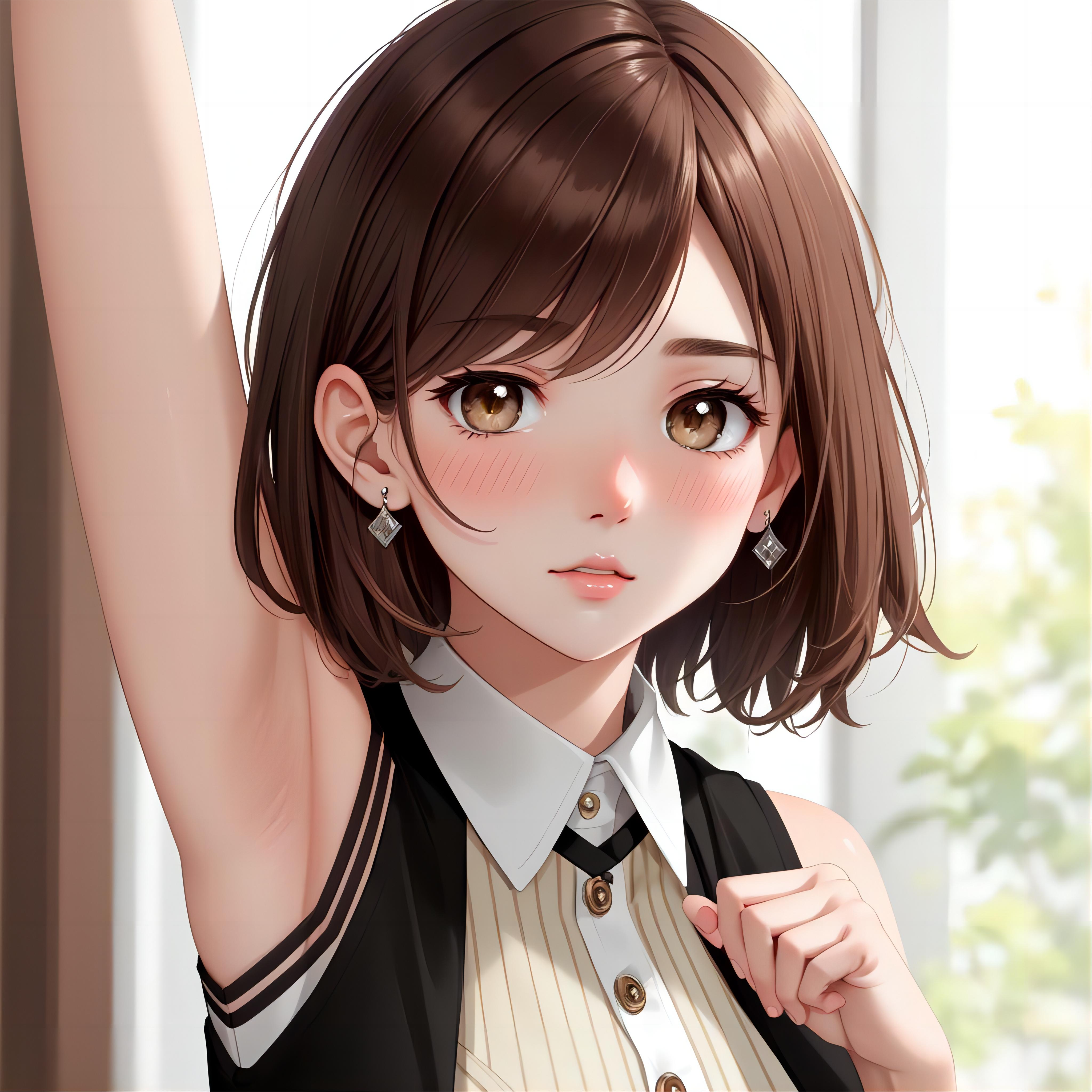 Anime 4096x4096 AI art anime anime girls mannequin armpits digital art brunette brown eyes blushing earring looking at viewer short hair