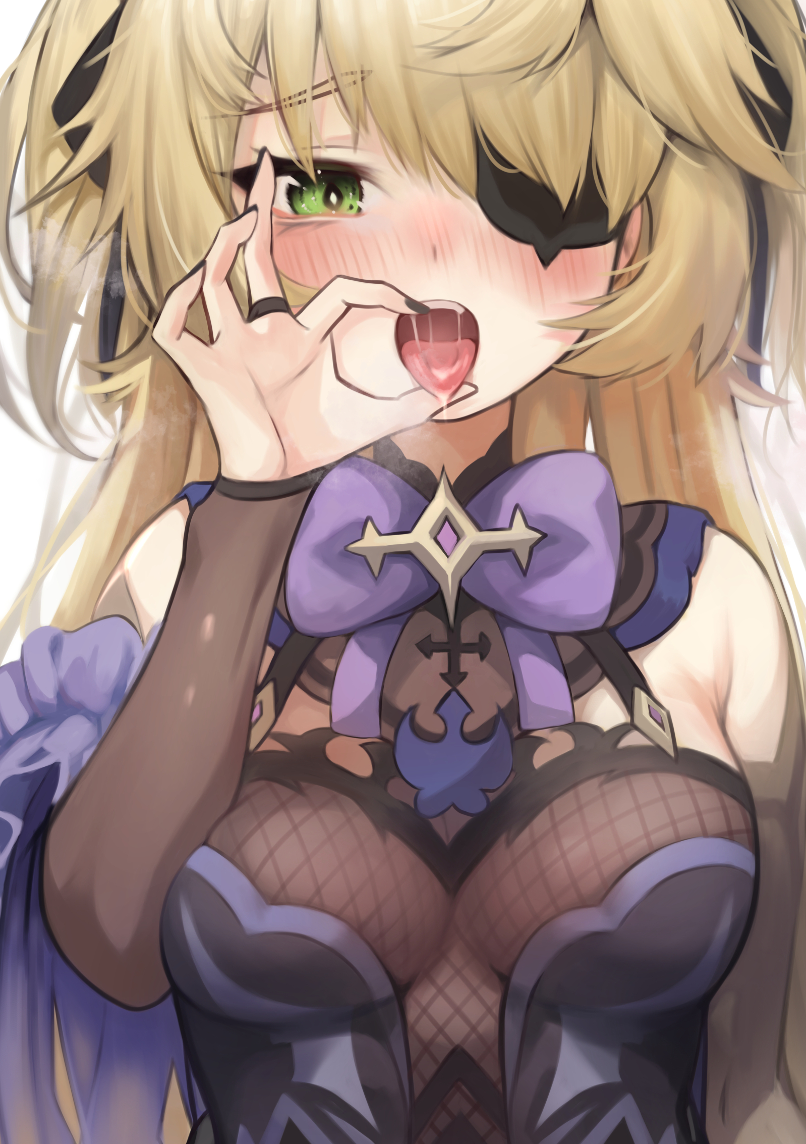 Anime 1598x2266 Fischl (Genshin Impact) Genshin Impact blushing suggestive tongue out eyepatches green eyes blonde portrait display anime girls saliva looking at viewer long hair open mouth bow tie fishnet