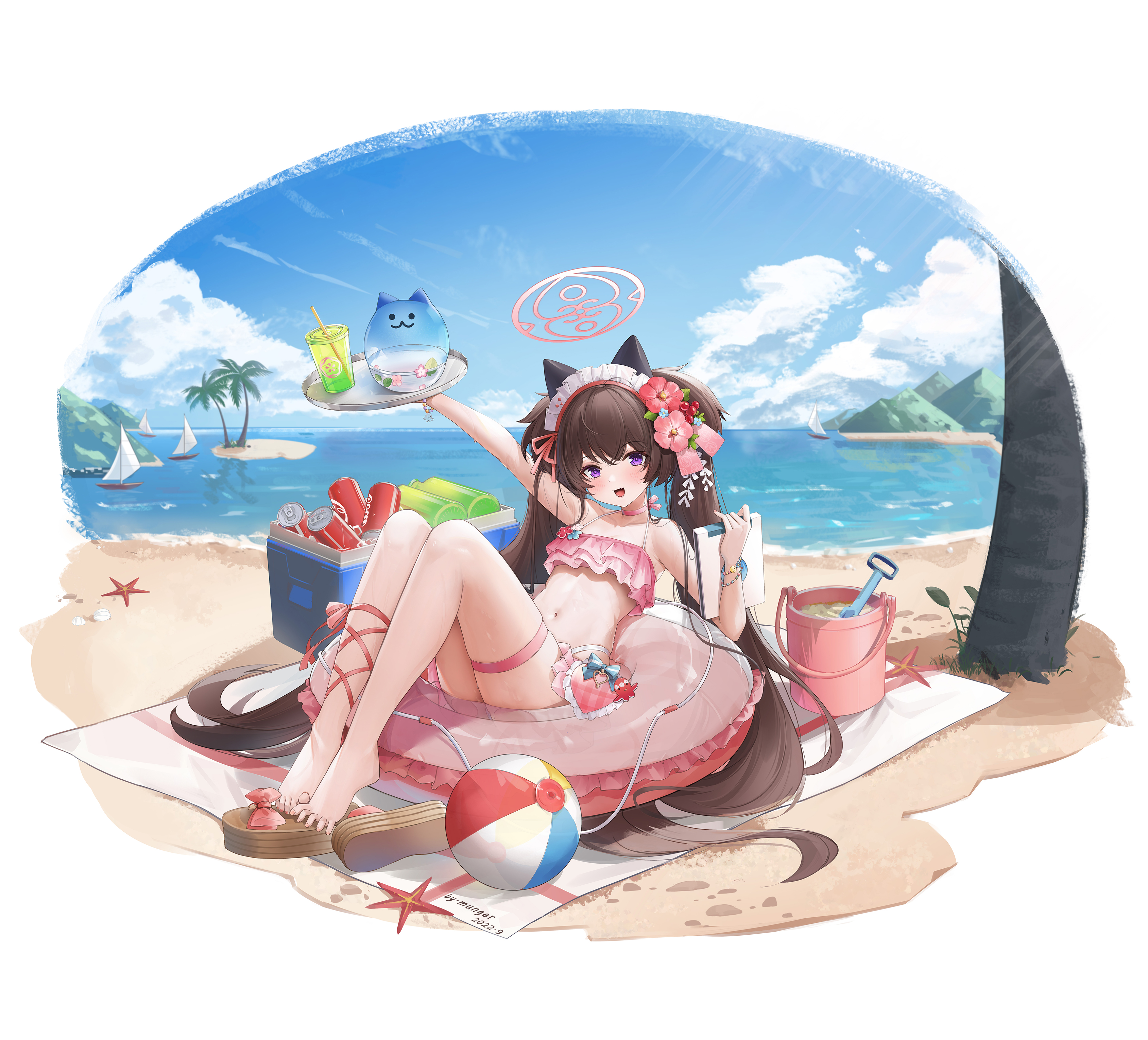 Anime 3377x3060 anime anime girls Blue Archive beach Kawawa Shizuko floater Mungersky twintails simple background bikini white background brunette long hair water sky clouds looking at viewer beach ball starfish palm trees flower in hair can drink sandals sunlight tray