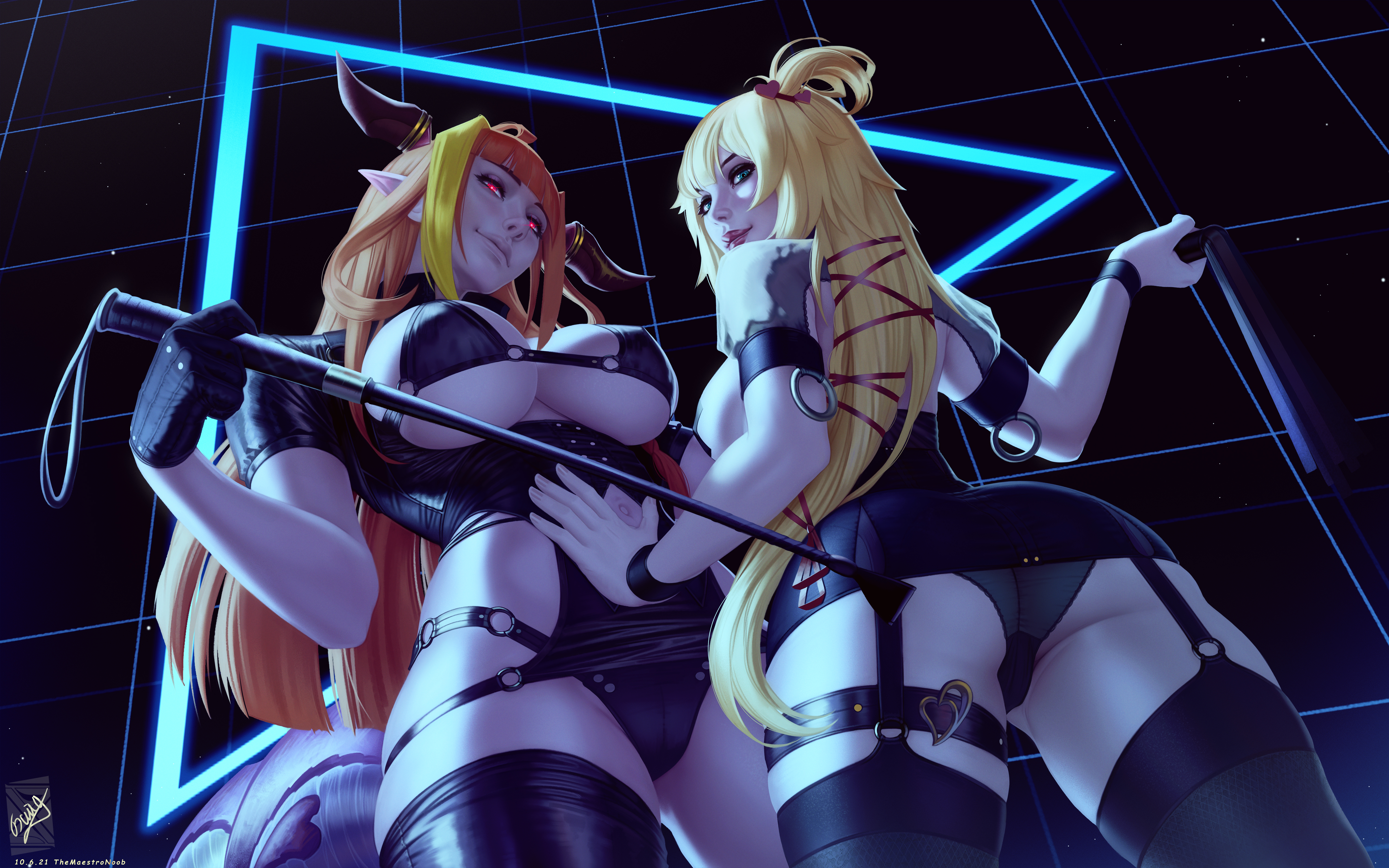 Anime 6000x3750 Kiryu Coco Akai Haato Virtual Youtuber anime anime girls Mistress whips artwork drawing fan art TheMaestroNoob lingerie big boobs underboob ass stockings panties neon looking at viewer gloves long hair smiling pointy ears Hololive low-angle two women