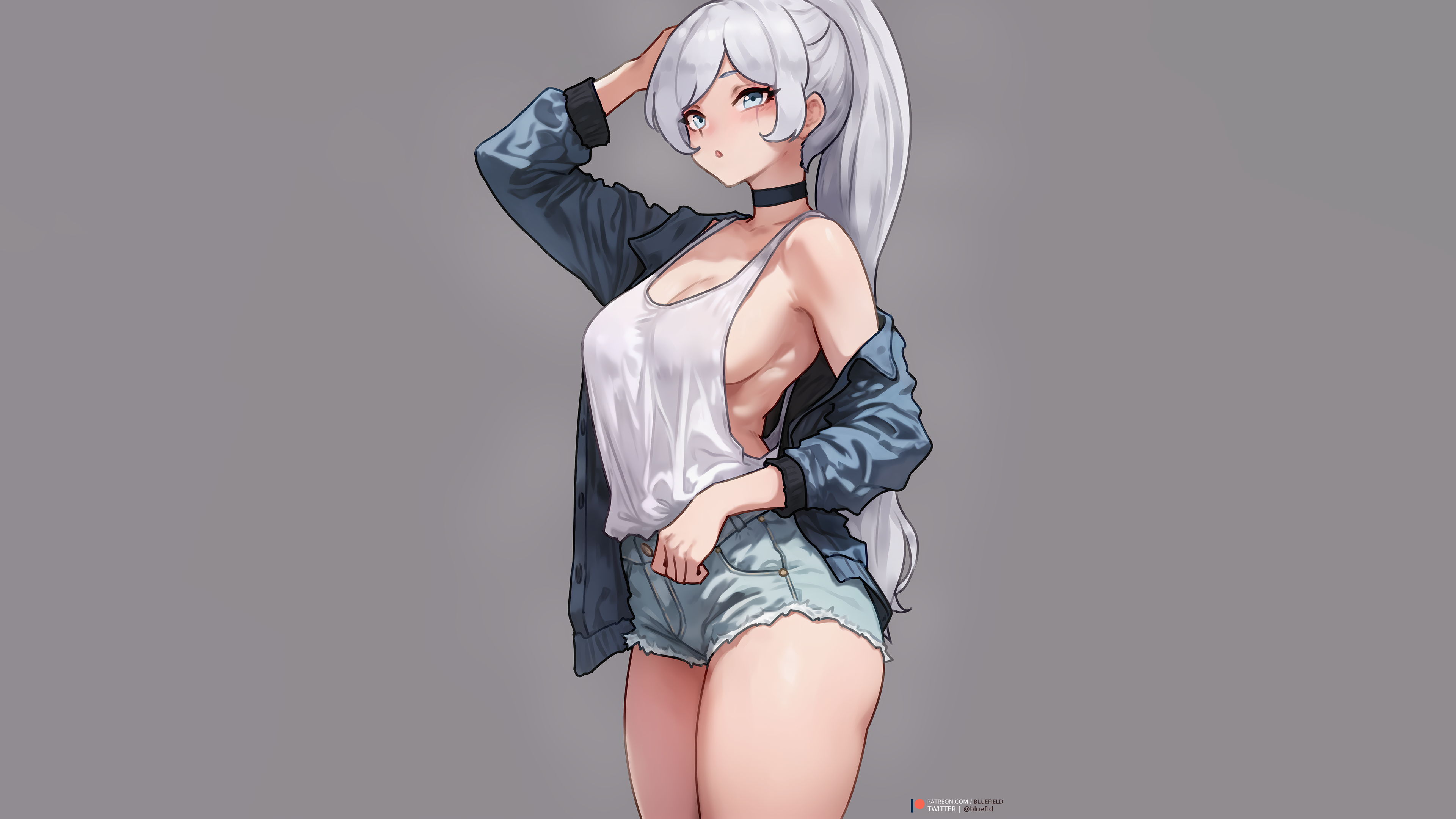 Anime 3840x2160 Weiss Schnee RWBY bluefield white hair long hair ponytail blue eyes choker loose clothing white tops sideboob boobs jean shorts short shorts blue jacket white eyebrows thighs looking at viewer simple background gray background watermarked artwork digital art fan art 2D anime anime girls