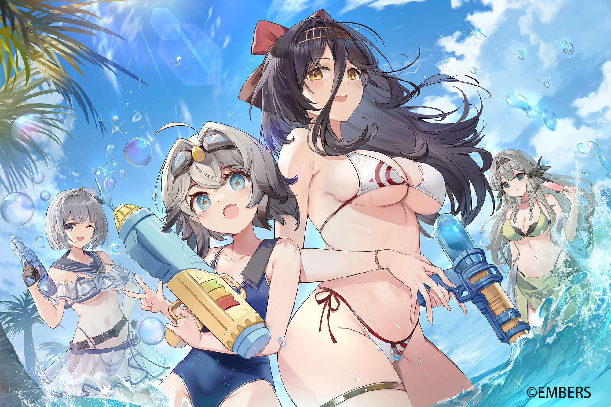 Anime 2000x1332 Ash Arms swimwear anime girls water guns group of women water watermarked popsicle water drops palm trees looking at viewer clouds open mouth smiling big boobs hand gesture one-piece swimsuit sky thigh strap hair ornament long hair standing in water KitaIroha cleavage sunlight bubbles bikini wink