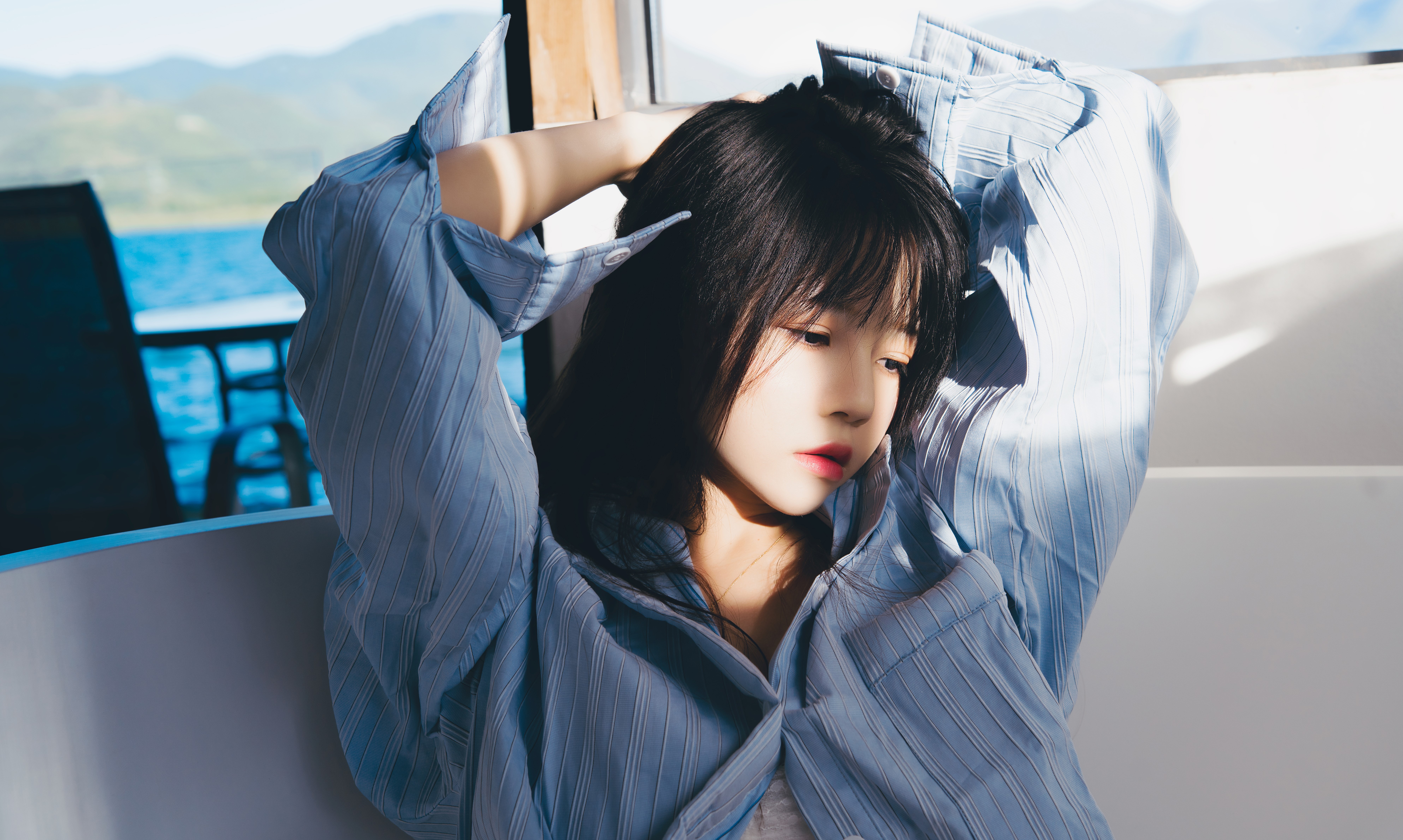 People 7947x4759 CherryNeko black hair blue blouse lips Asian women