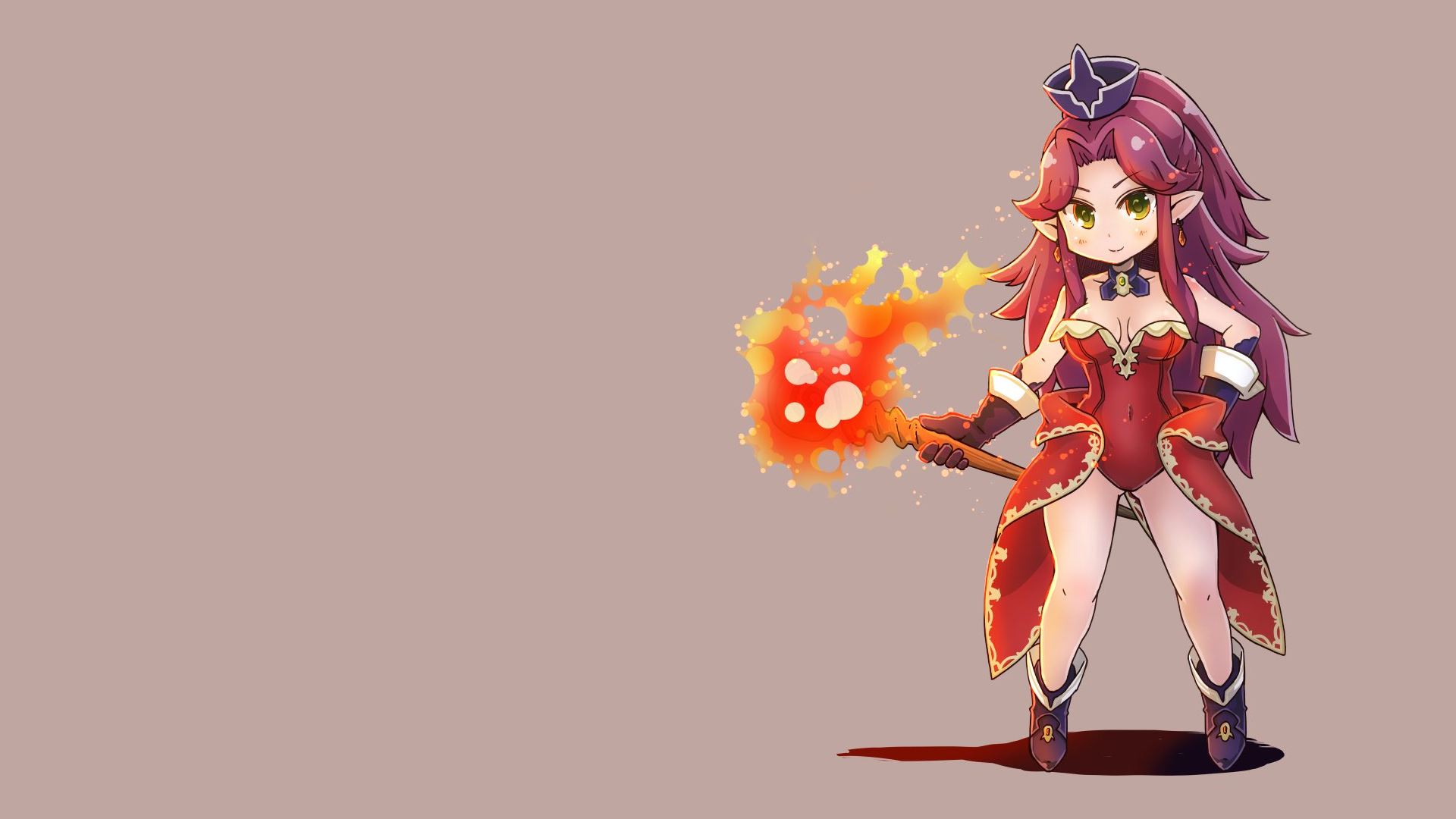 Anime 1920x1080 video games video game girls long hair fantasy girl Trials of Mana Angela (Trials of Mana) magician sorceress staff magic fire green eyes thighs leotard red leotard dress purple hair headdress hair ornament hat pointy ears bare shoulders boots retro games choker gloves ponytail weapon minimalism simple background smiling
