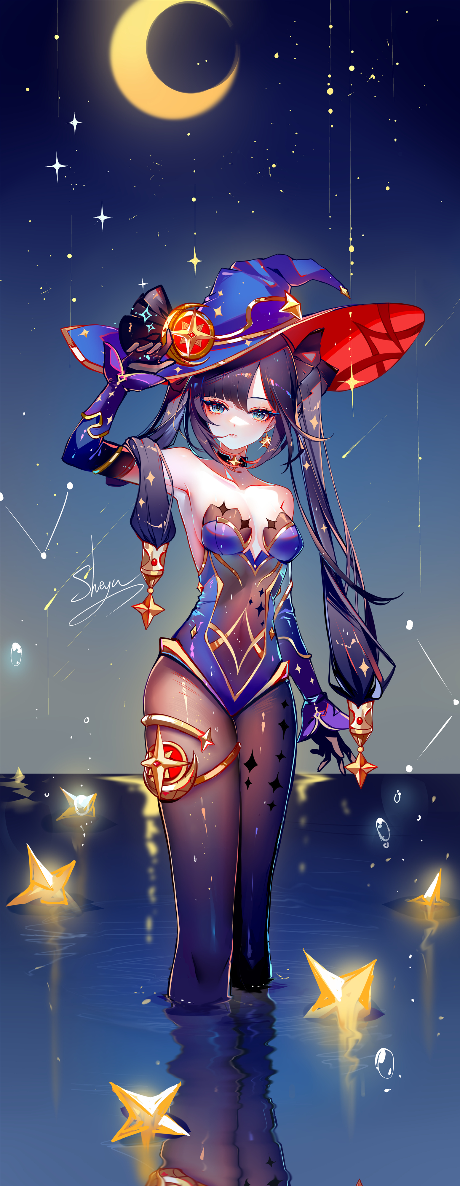 Anime 1552x4000 Pixiv anime anime girls sheya Genshin Impact water Moon crescent moon Mona (Genshin Impact) twintails long hair hat looking at viewer simple background stars reflection signature portrait display sideboob armpits pantyhose water drops standing standing in water choker elbow gloves