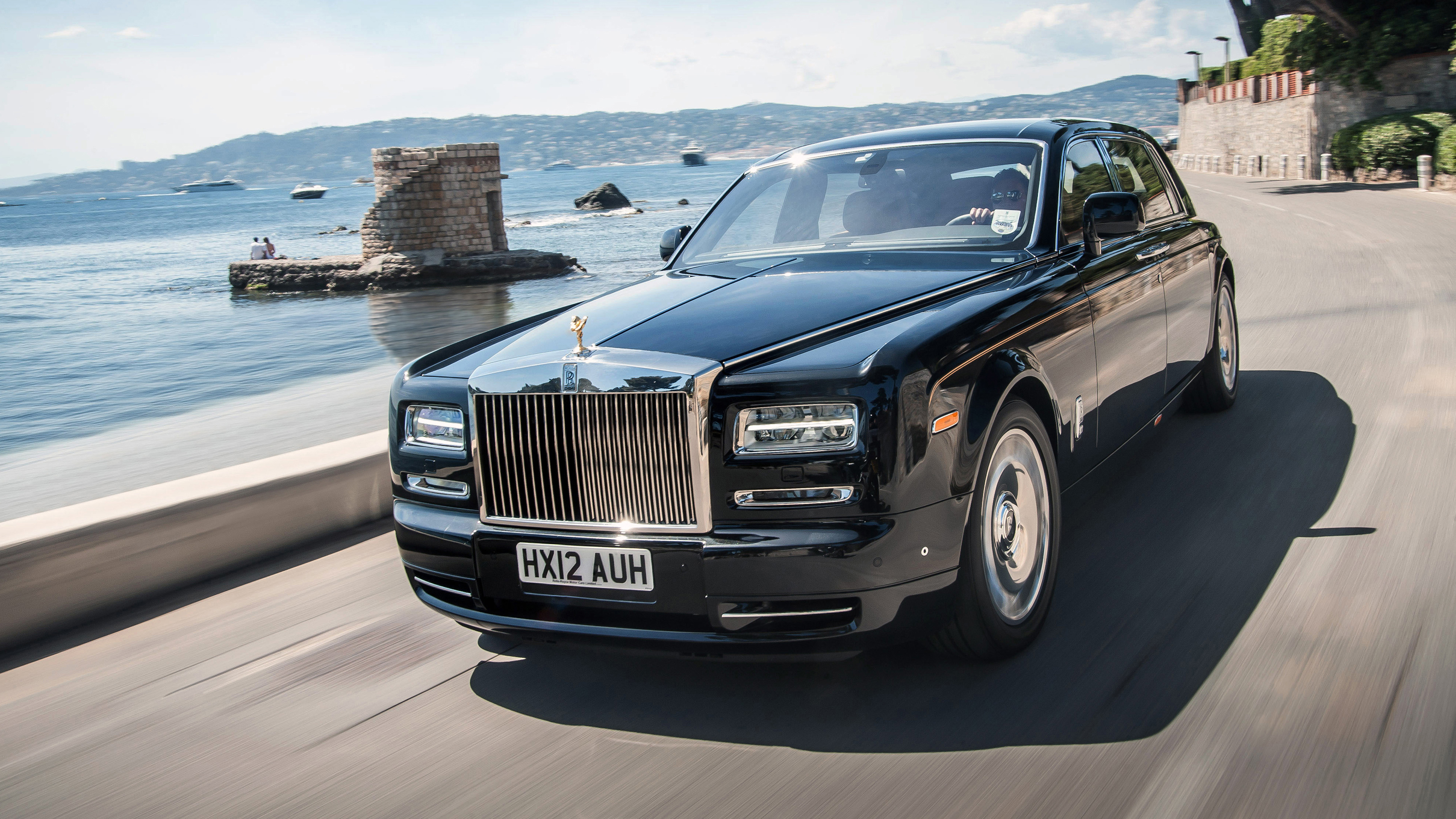 General 4096x2304 car Rolls-Royce luxury cars British cars frontal view licence plates water road sunlight vehicle driving