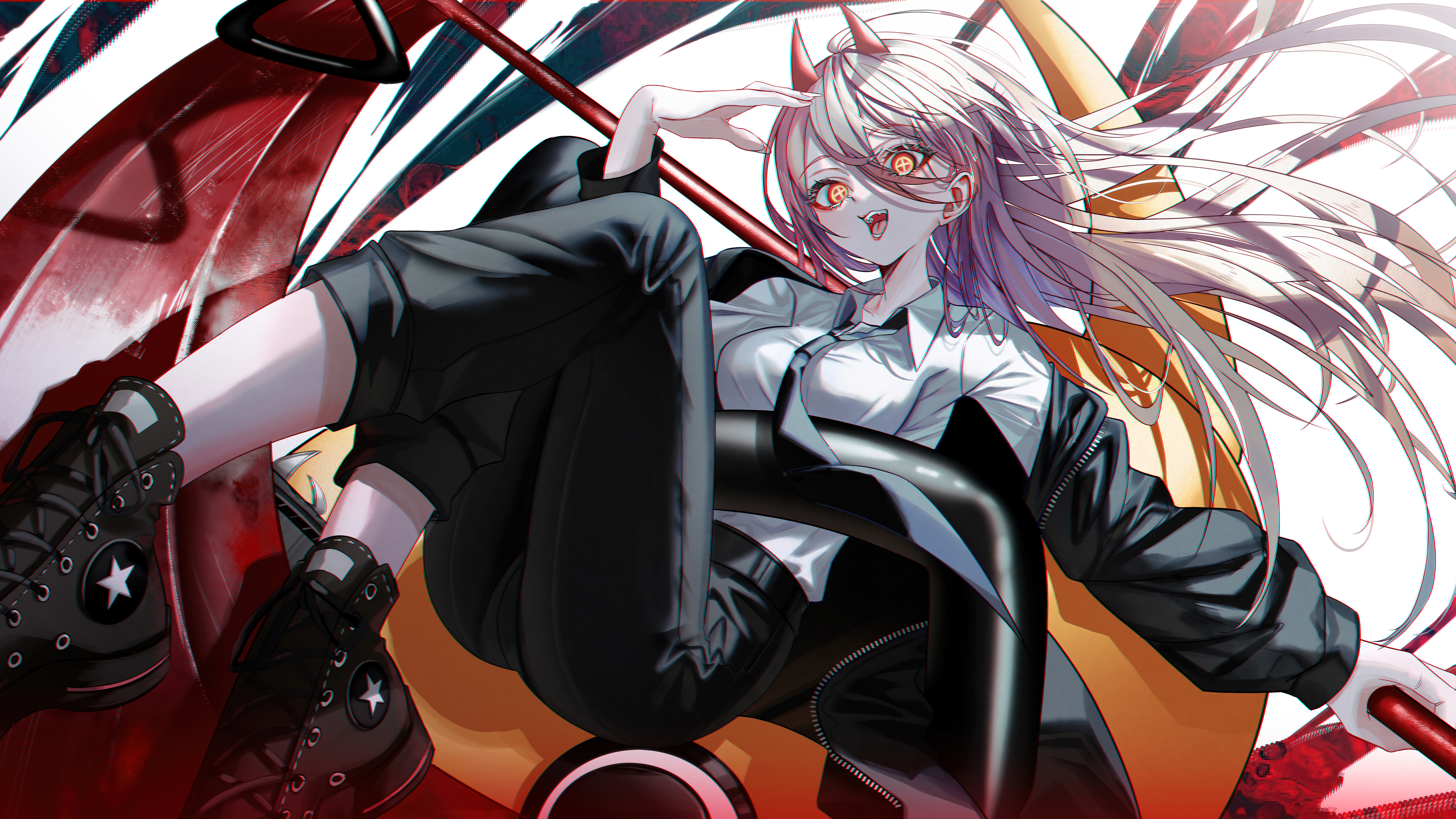Anime 7680x4320 Chainsaw Man Power (Chainsaw Man) horns Pochita (Chainsaw Man) scythe looking at viewer anime anime girls anime creatures blonde shoes