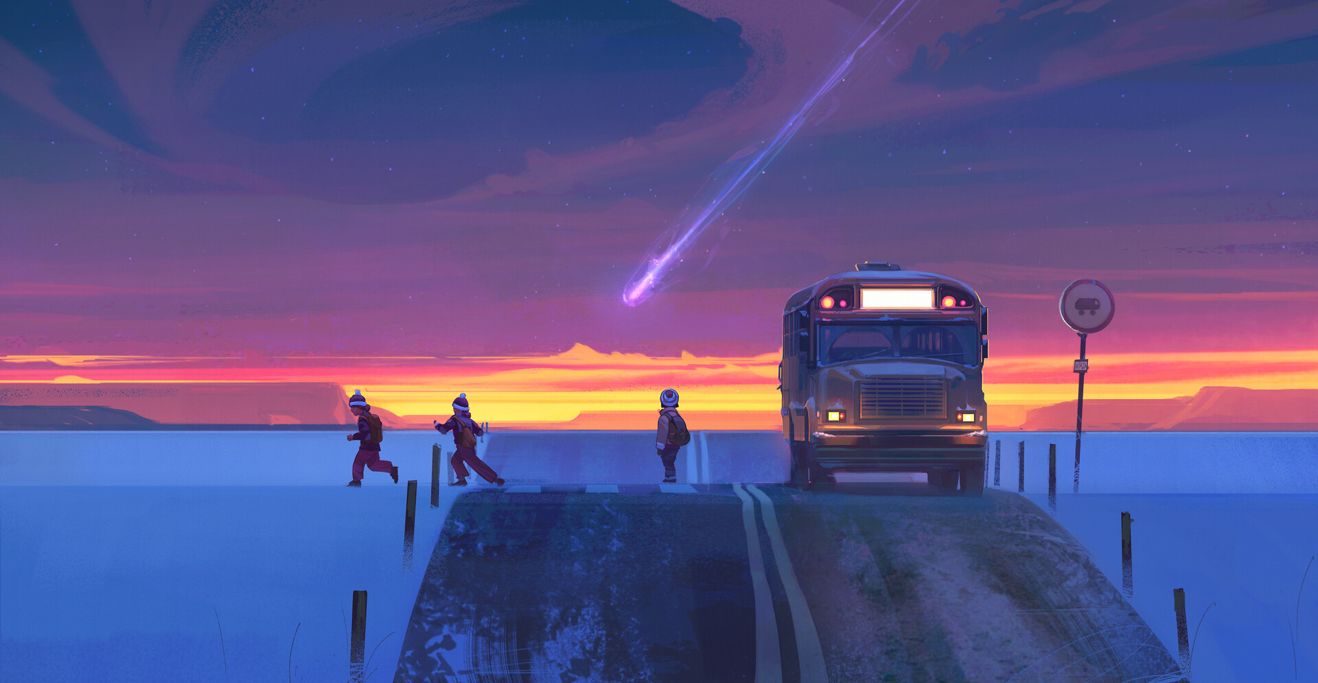 General 1920x996 artwork digital art buses bus stop road sunset shooting stars snow