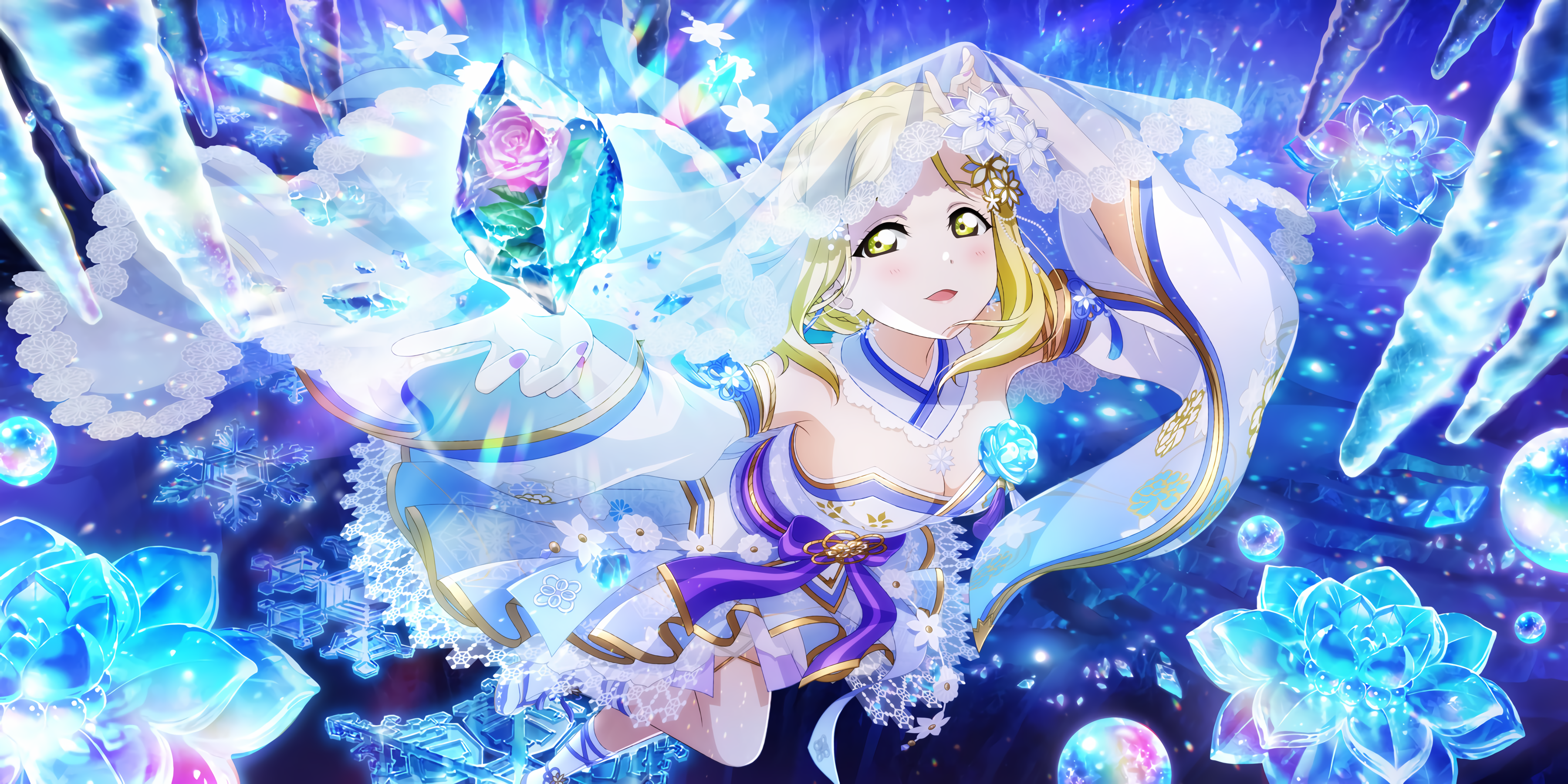 Anime 3600x1800 Ohara Mari Love Live! anime anime girls blonde yellow eyes crystal  flowers