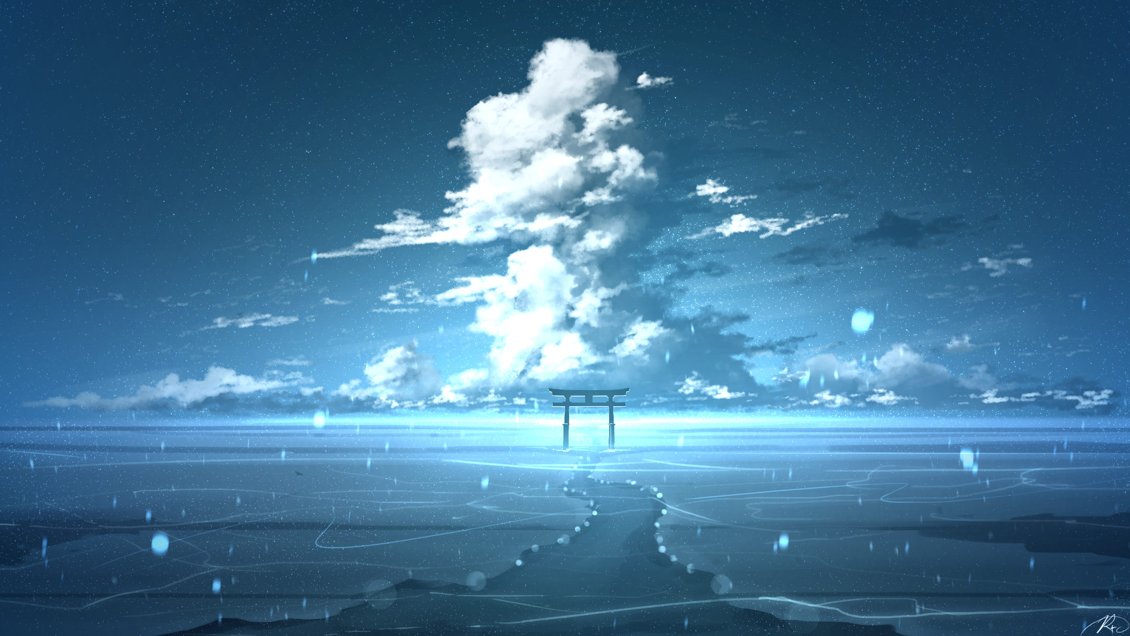General 2204x1240 digital art artwork illustration environment torii clouds water