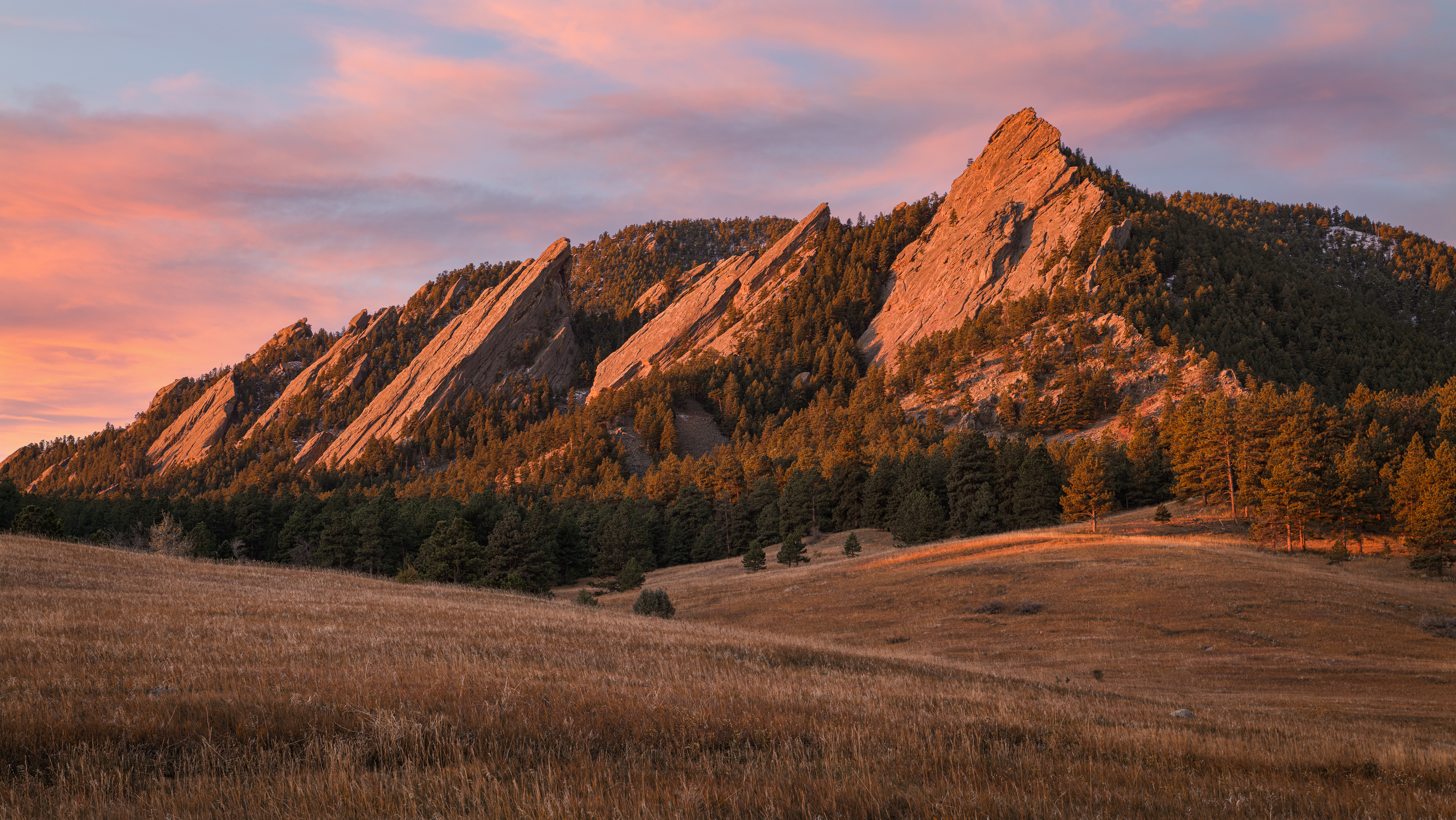 General 4183x2355 landscape sunrise Colorado Flatirons nature field forest USA mountains trees
