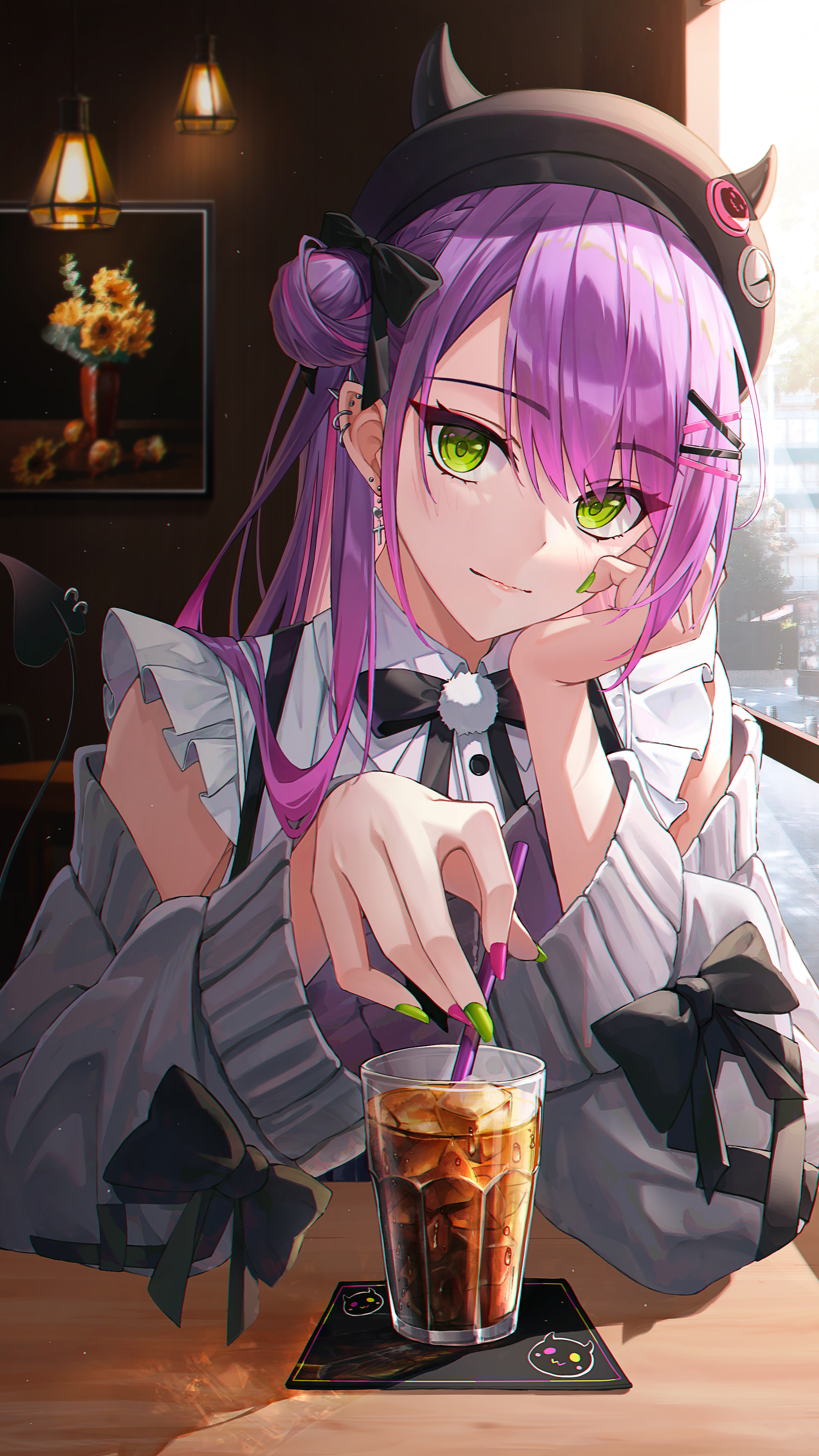 Anime 3375x6000 anime anime girls Hololive Virtual Youtuber Tokoyami Towa green eyes purple hair drink hat