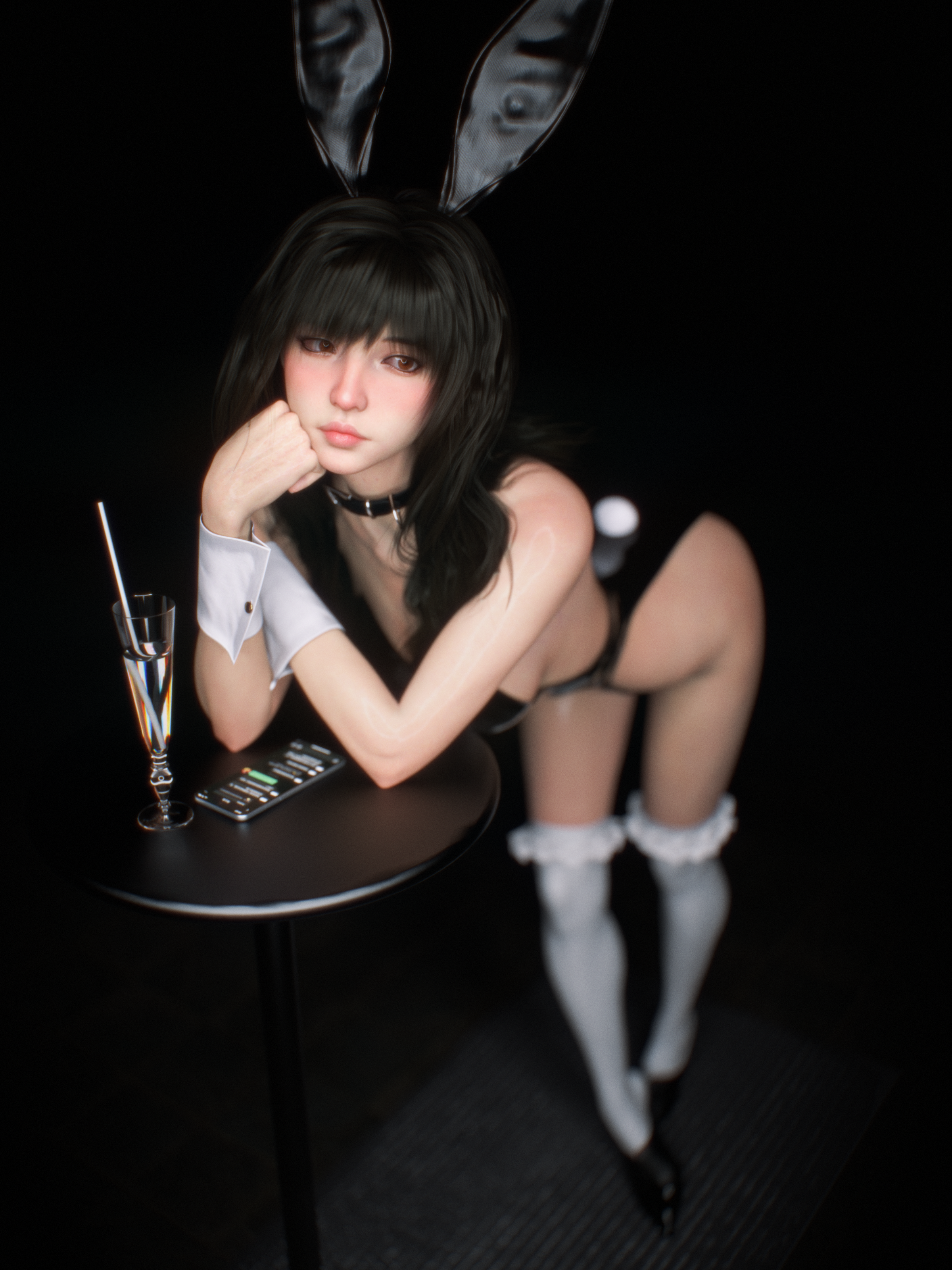 General 2400x3200 Shoe Lac3 3dx Blender bent over bunny suit bunny ears bunny tail choker black background simple background black hair women