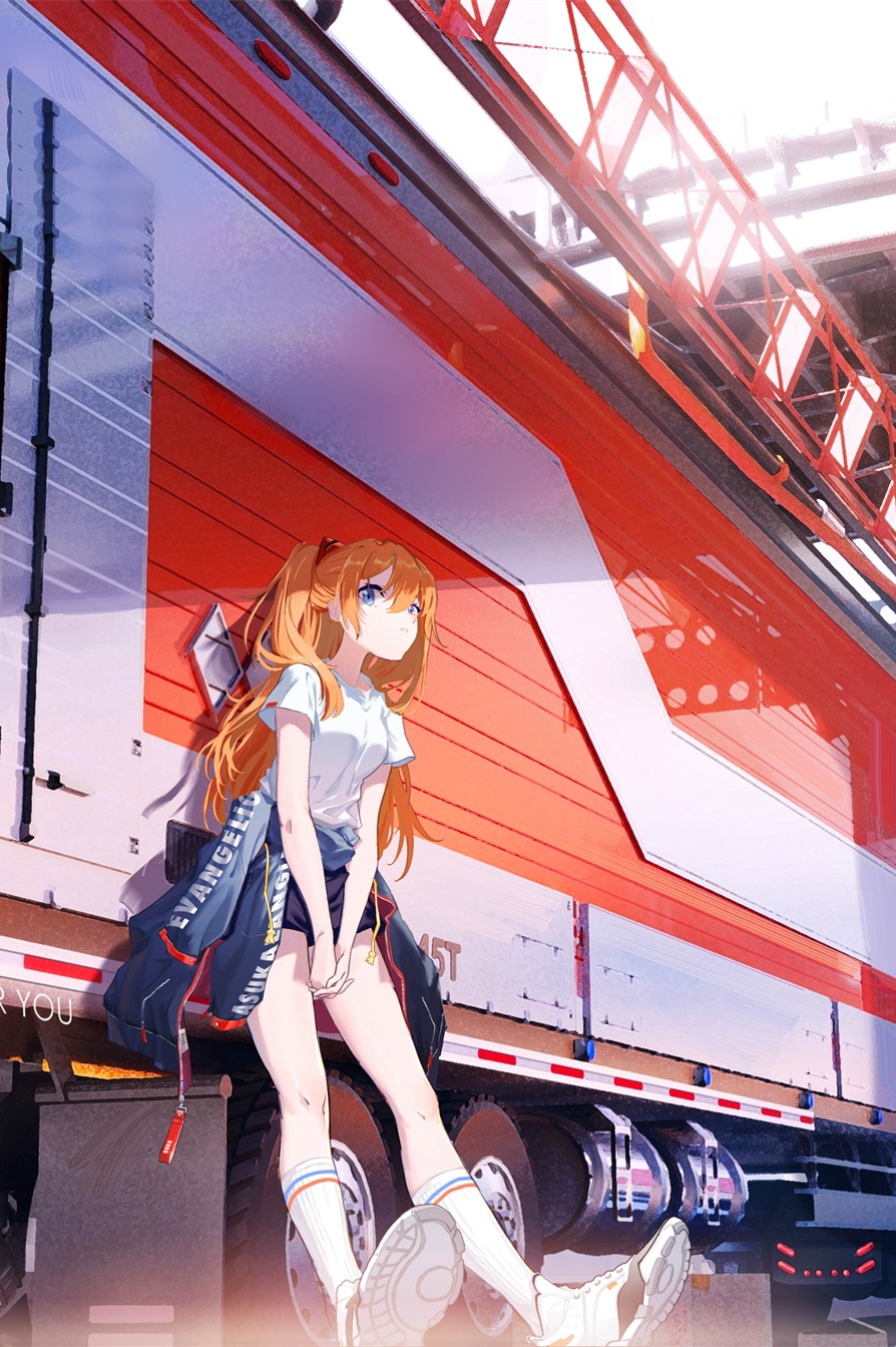 Anime 894x1344 anime girls anime Asuka Langley Soryu Neon Genesis Evangelion truck blue eyes