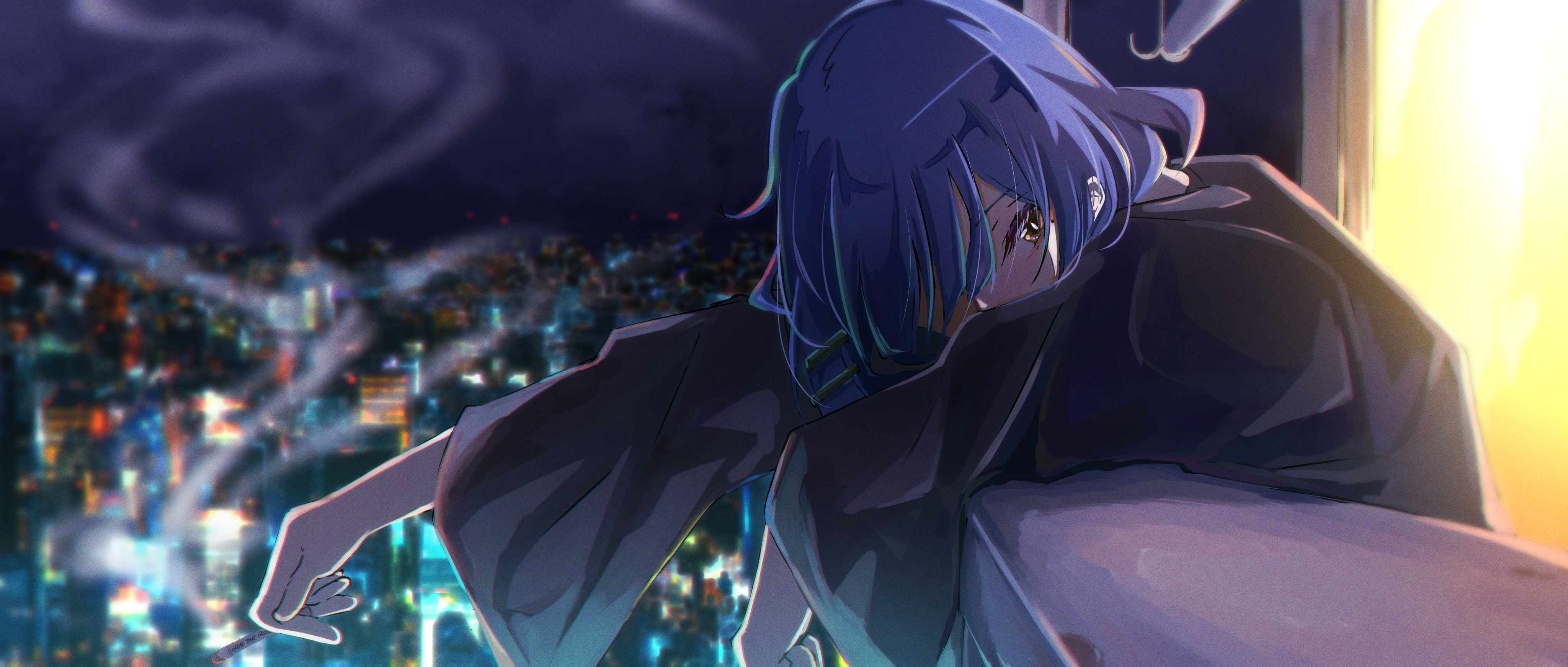 Anime 4096x1743 anime girls anime blue hair hair over one eye city cigarettes city lights Ryo Yamada
