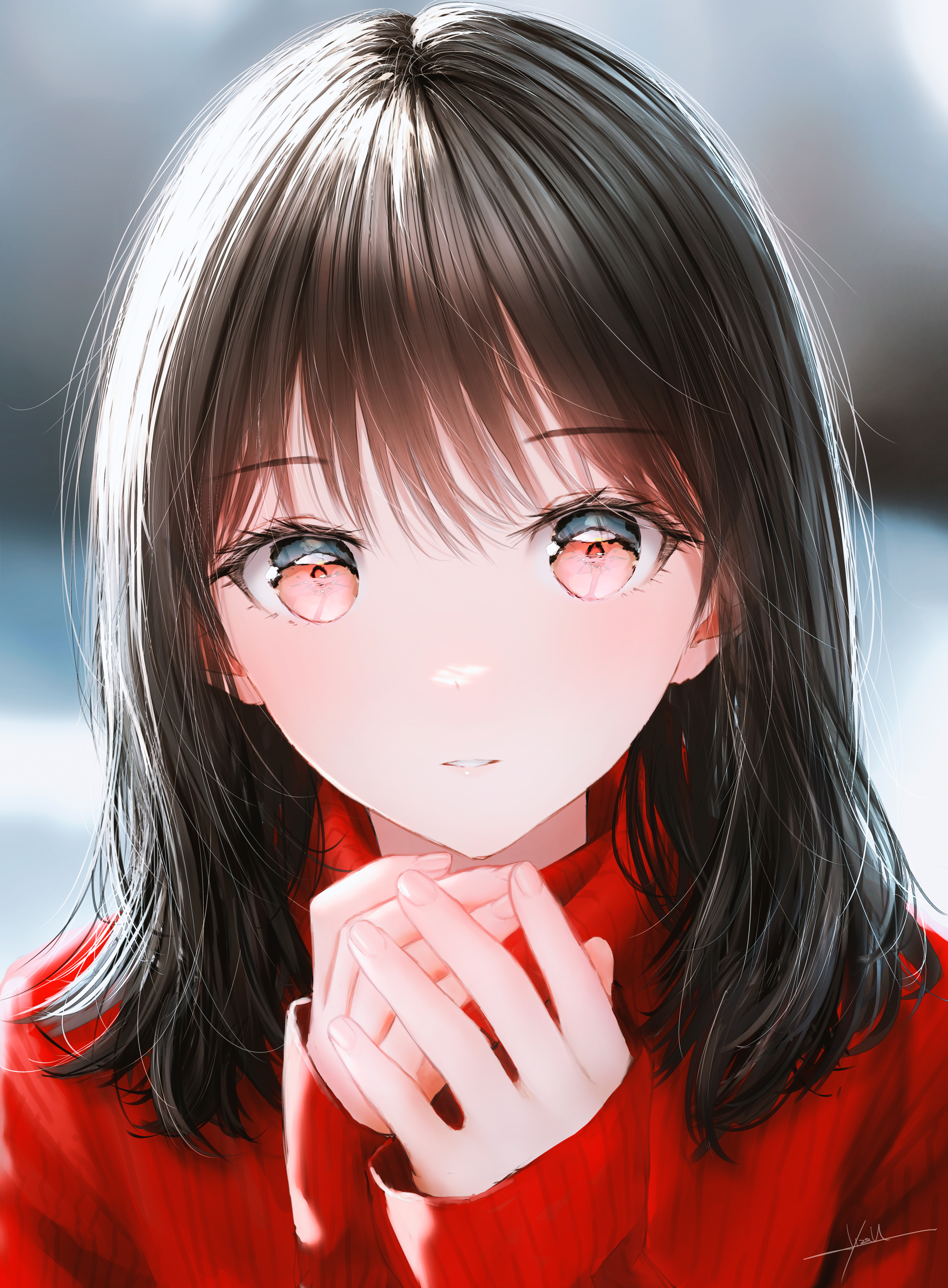 Anime 2085x2835 anime anime girls black hair red eyes face sweater
