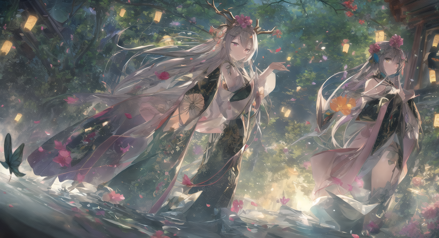Anime 1536x832 anime anime girls water underwater long hair Chinese dress flowers traditional art petals standing in water