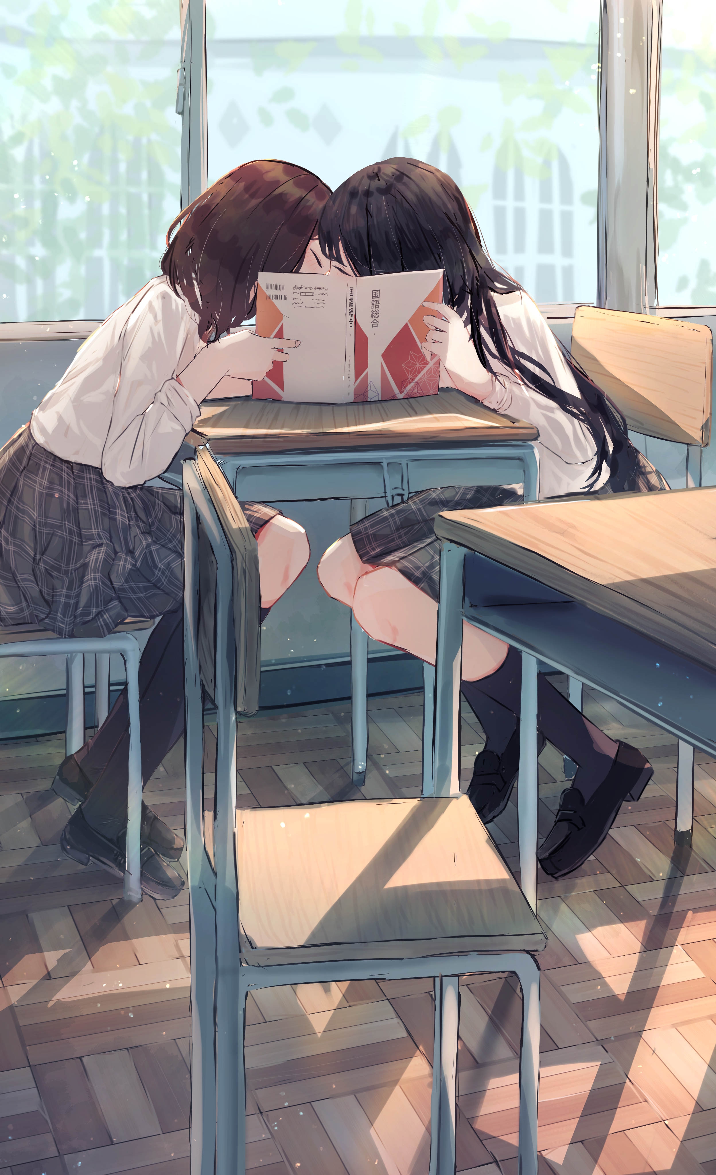 Anime 2496x4093 anime anime girls schoolgirl school uniform classroom kissing strategic covering yuri lesbians