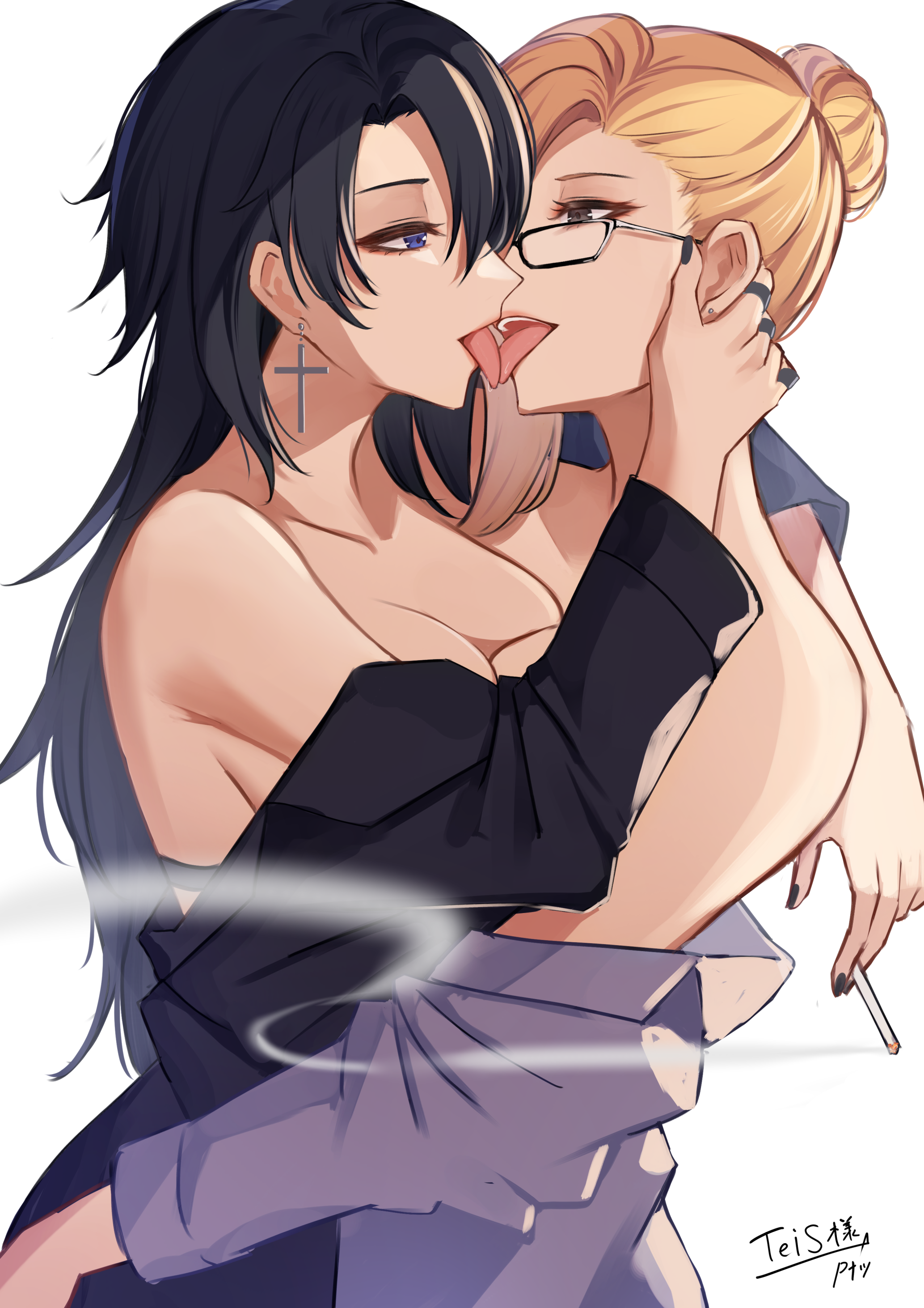 Anime 2067x2924 anime girls anime yuri lesbians tongue out kissing glasses earring cross boobs on boobs cigarettes