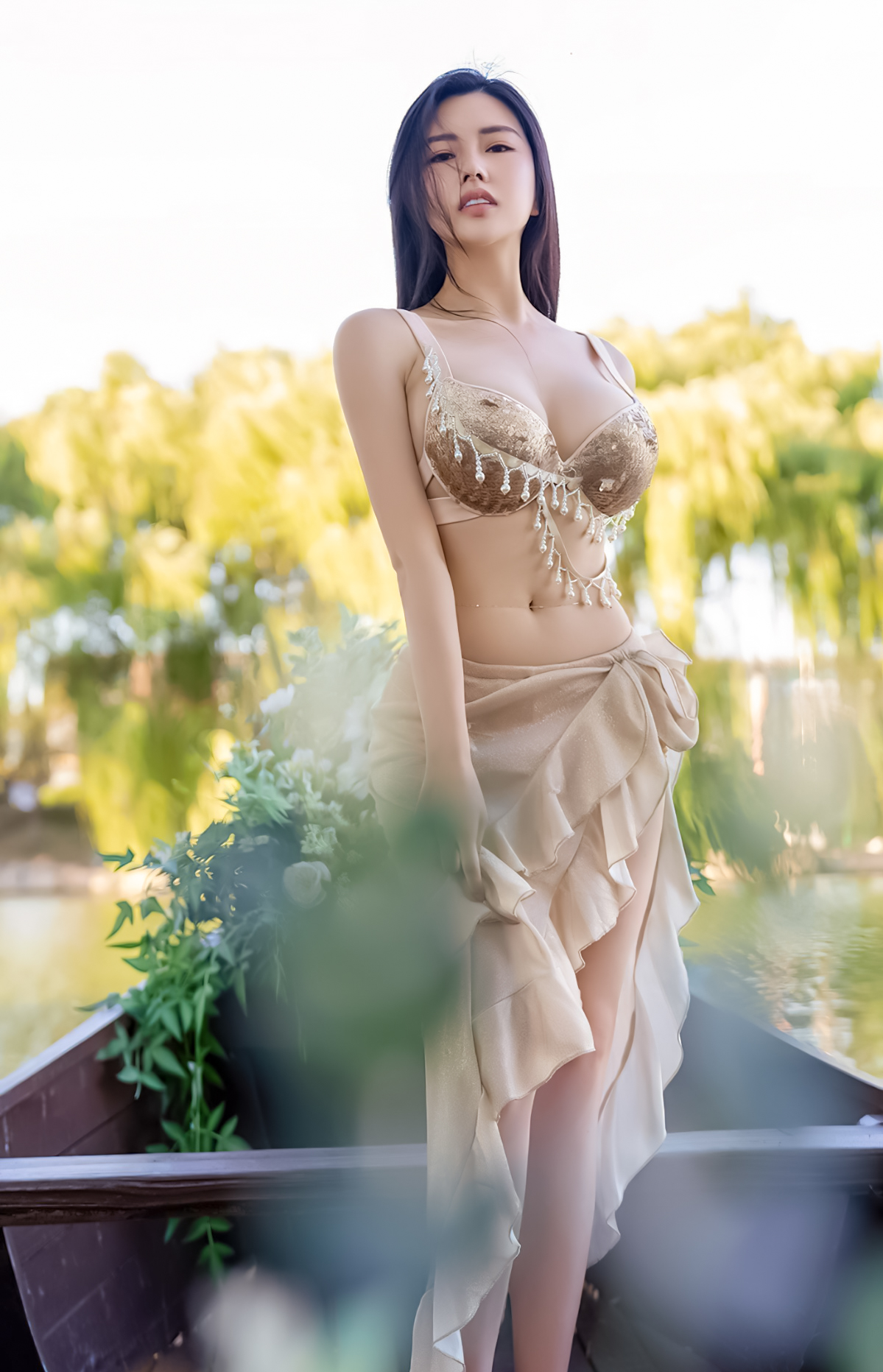 People 1199x1863 Asian women women outdoors Chinese model Na Lu Selena brunette long hair model boat pond standing bra dress cleavage belly boobs big boobs looking at viewer parted lips