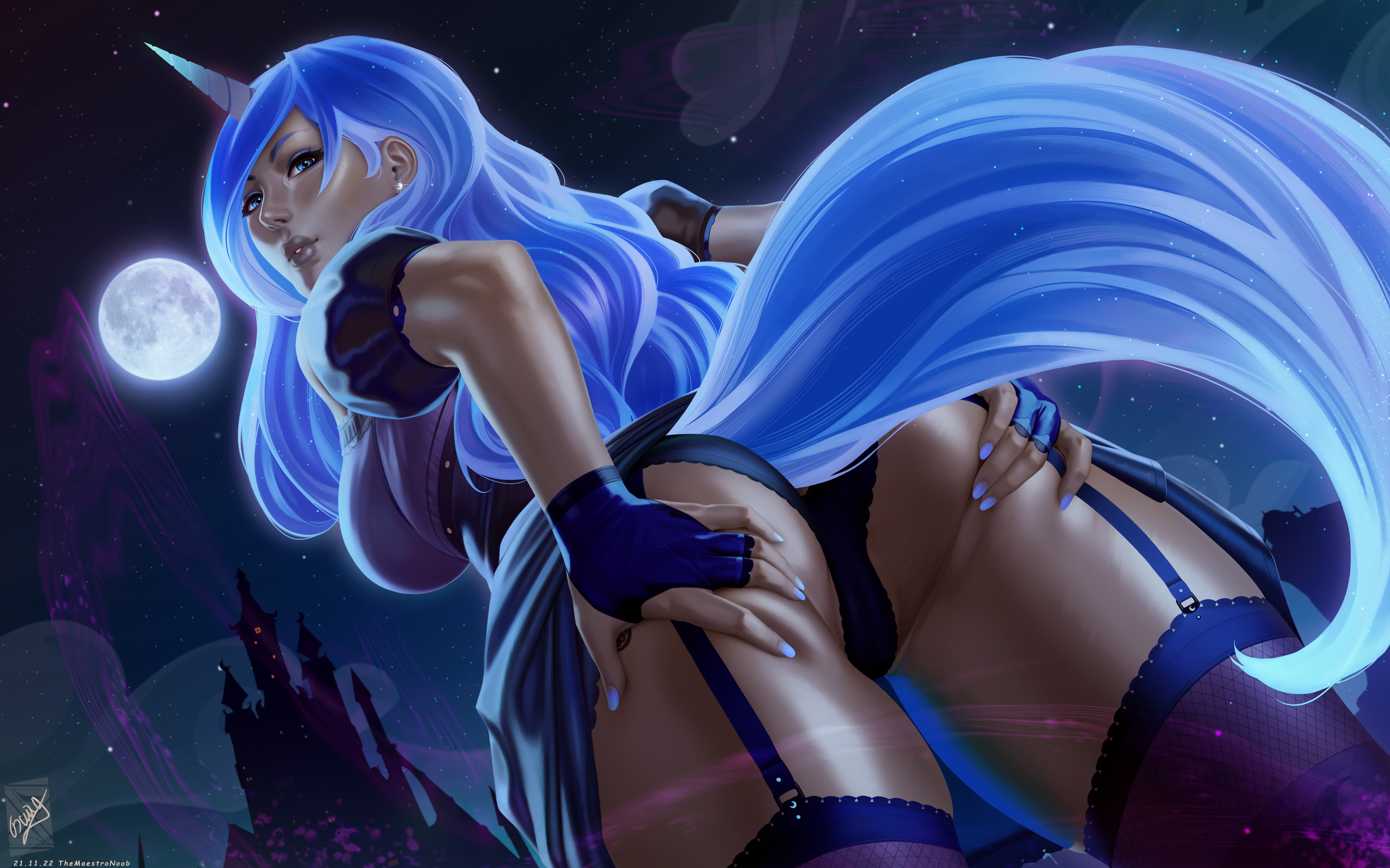 General 6000x3750 Princess Luna My Little Pony fictional character fantasy girl humanized low-angle ass lingerie 2D artwork drawing fan art TheMaestroNoob dress lifting dress lifting clothes underwear panties garter straps straps stockings booty scoop blue hair blue eyes Moon horns