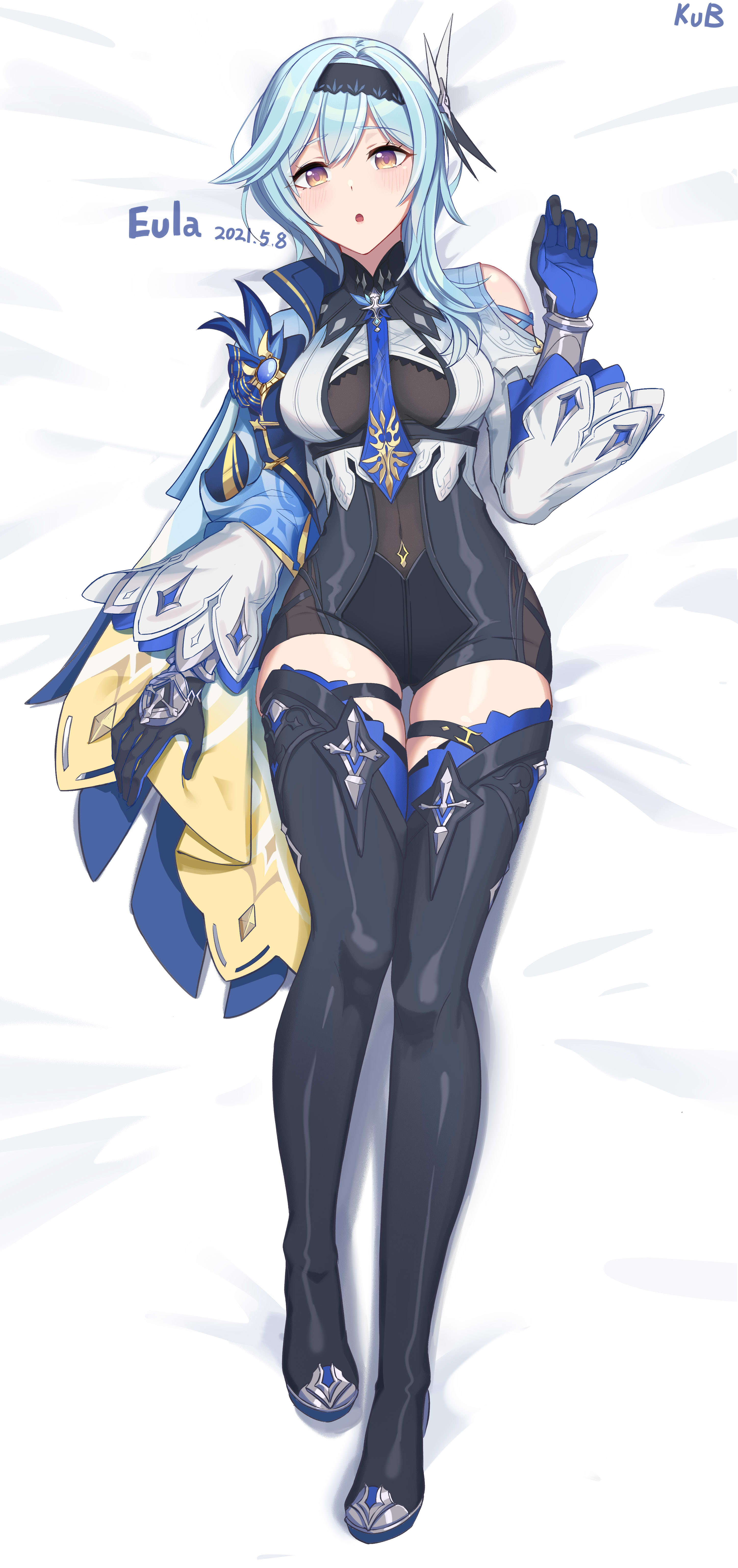 Anime 2894x6139 Genshin Impact Eula (Genshin Impact) Pixiv cyan hair boobs tie legs legs together simple background white background looking at viewer anime anime girls 2021 (year)