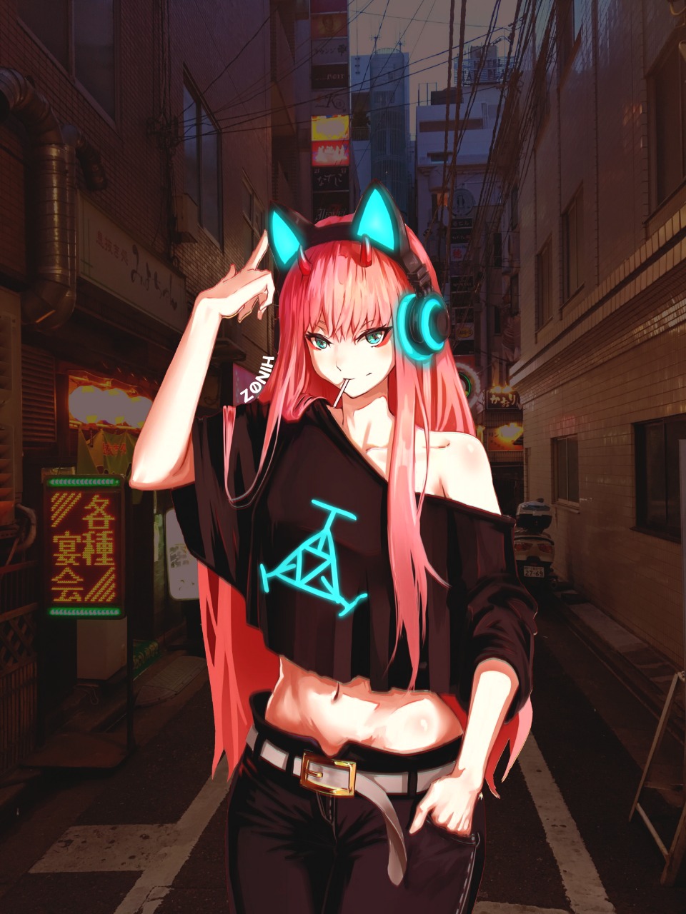 Anime 960x1280 Zero Two (Darling in the FranXX) neon street Tokyo night headphones Darling in the FranXX anime