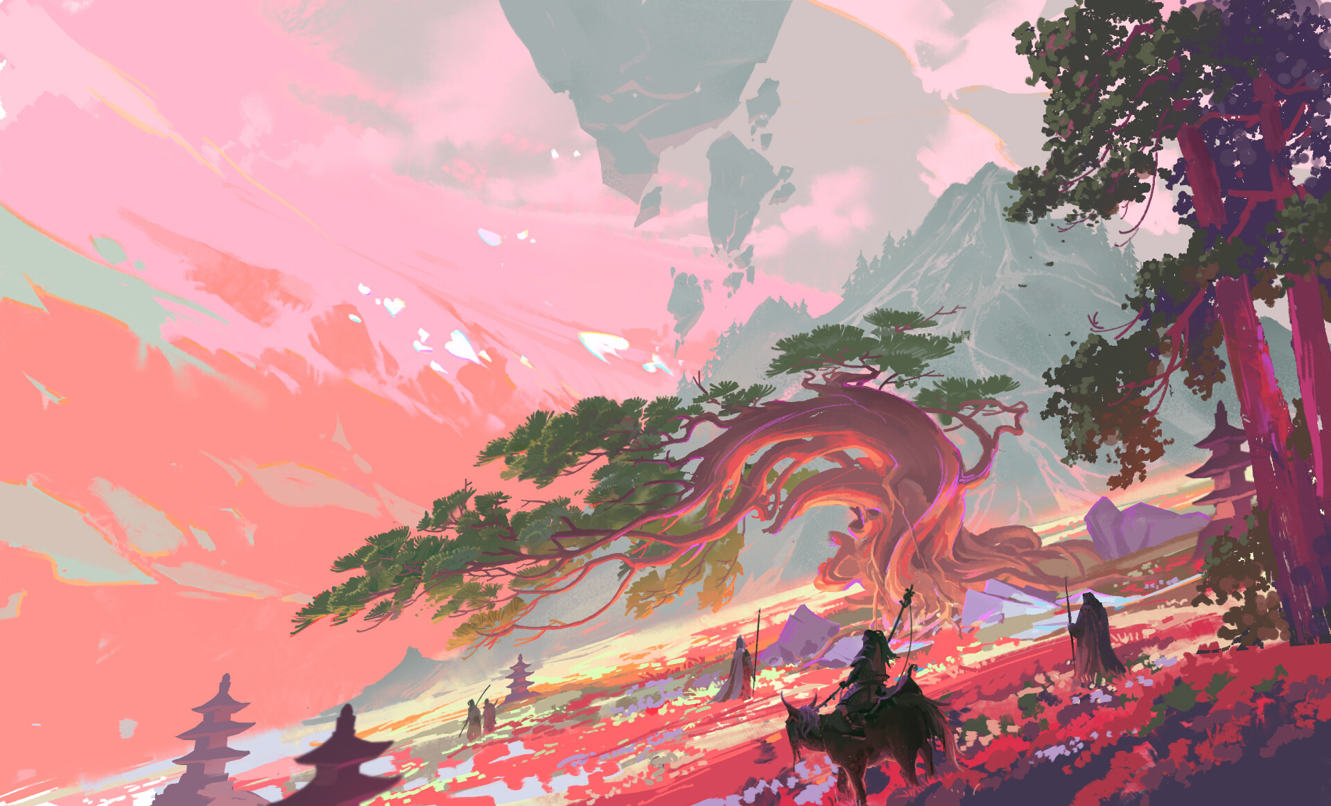 General 1920x1163 MH C digital art landscape trees Asian architecture pink mountains