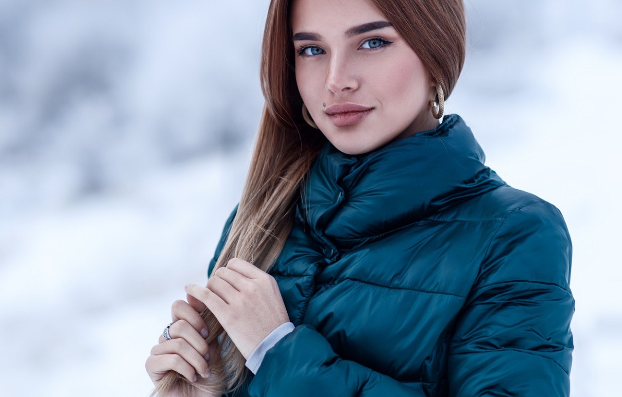 People 1280x816 model long hair Luba Ivanova coats blue coat hair pulling closed mouth women