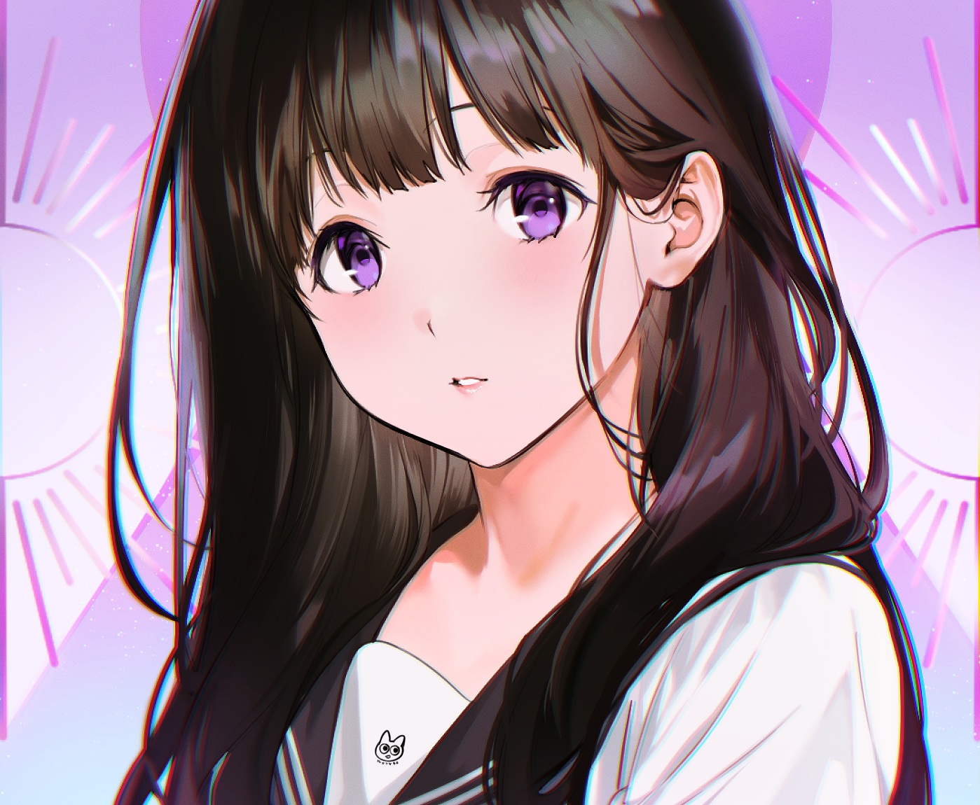 Anime 1399x1150 Chitanda Eru Hyouka anime girls artwork Mery (artist) face dark hair purple eyes portrait display