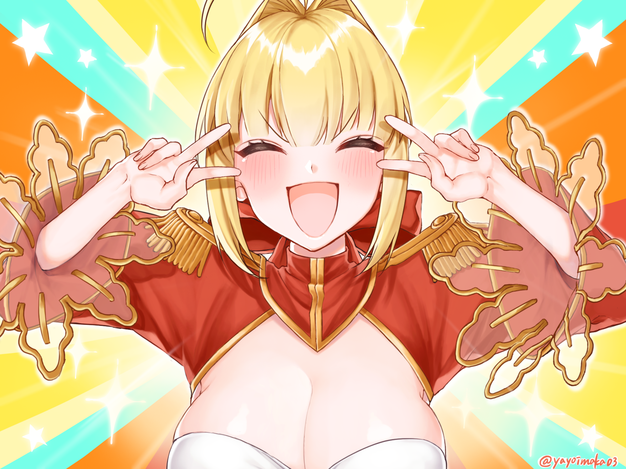 Anime 2000x1500 Yayoi Maka (Artist) boobs cleavage blonde Fate series anime big boobs curvy huge breasts closed eyes open mouth face anime girls hand gesture victory sign