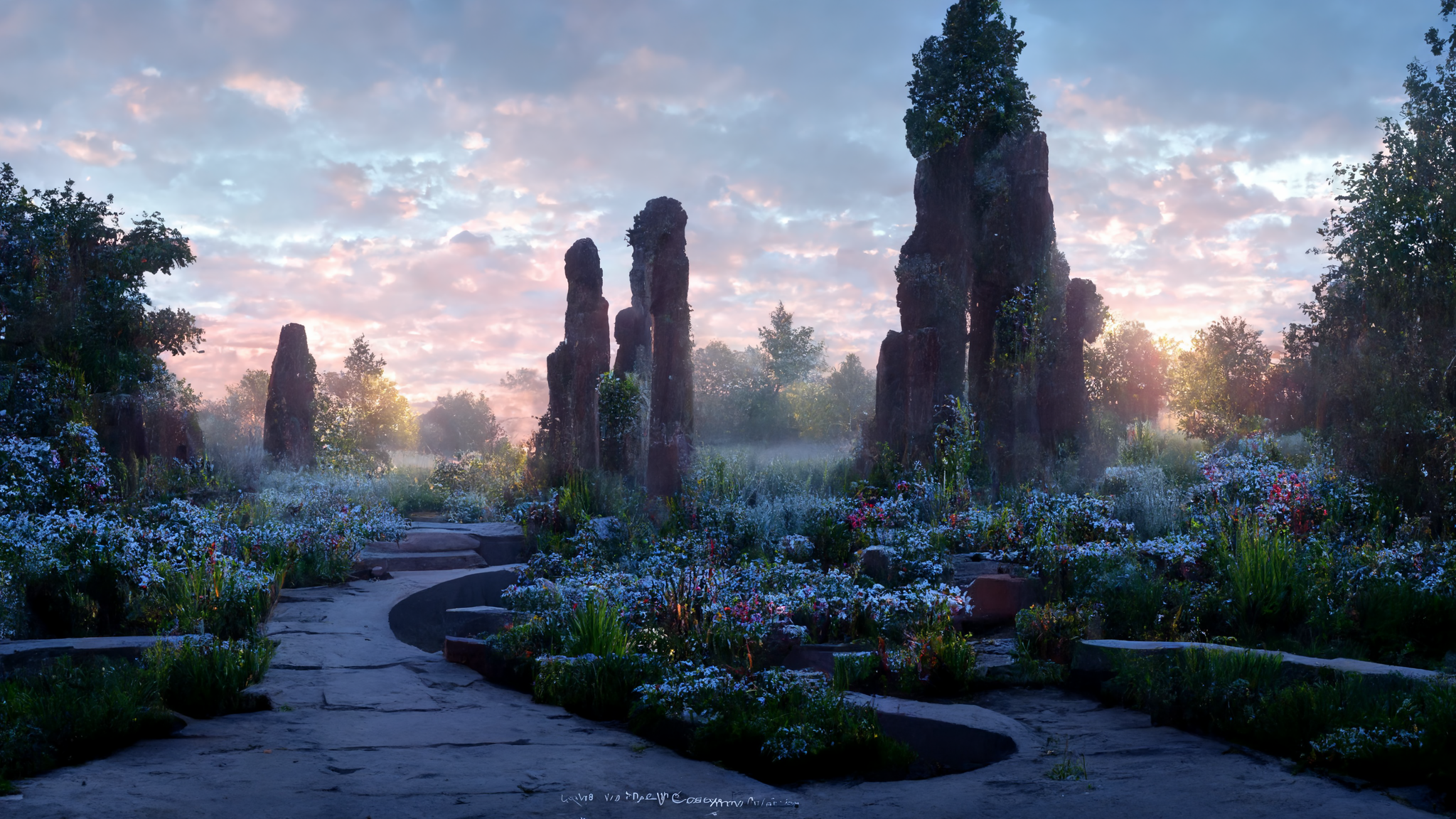 General 2048x1152 Gateway Arch garden dawn trees sky nature CGI AI art
