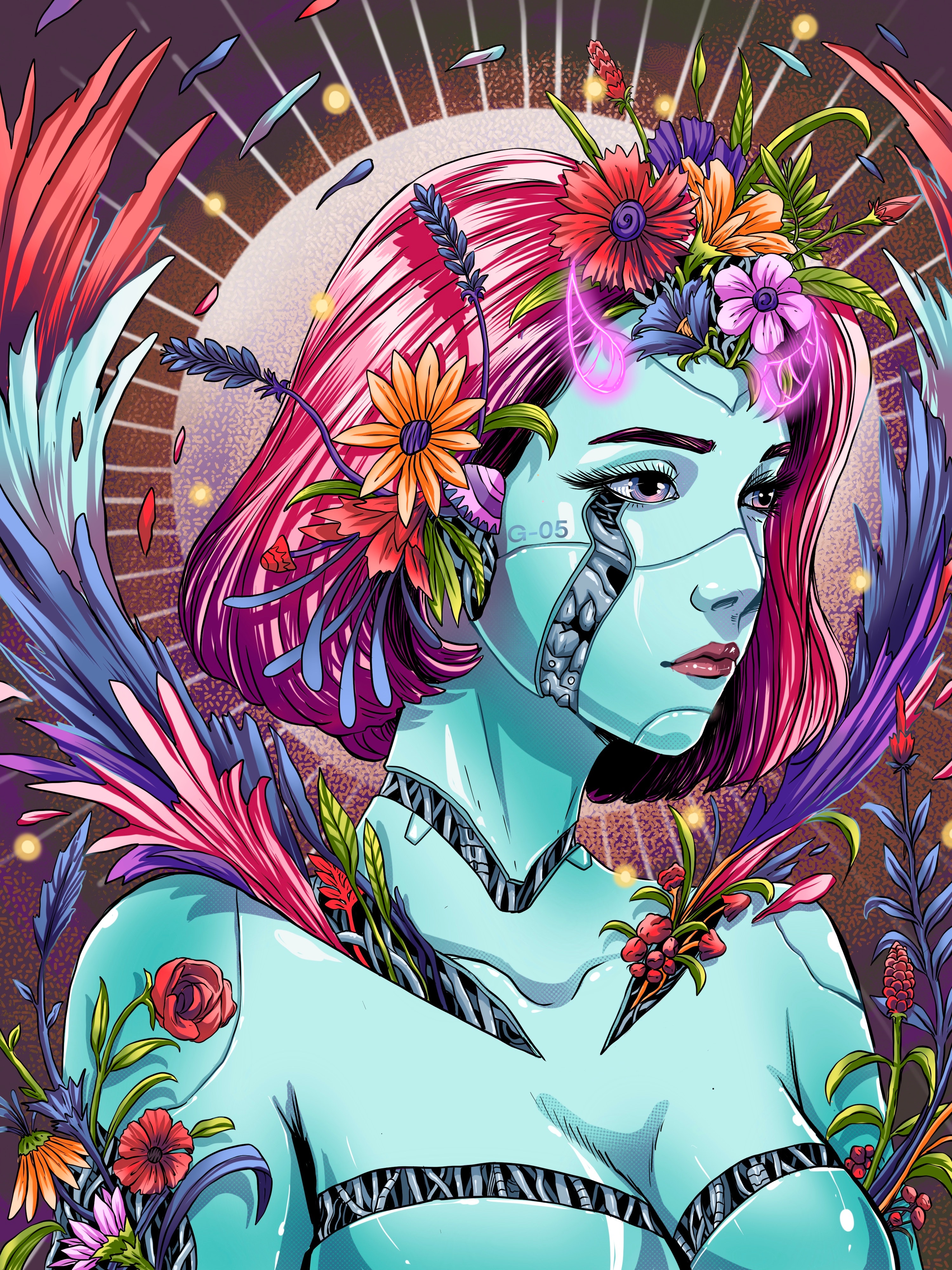 General 3000x4000 digital art artwork fantasy art fantasy girl cyborg technology futuristic women flowers horns