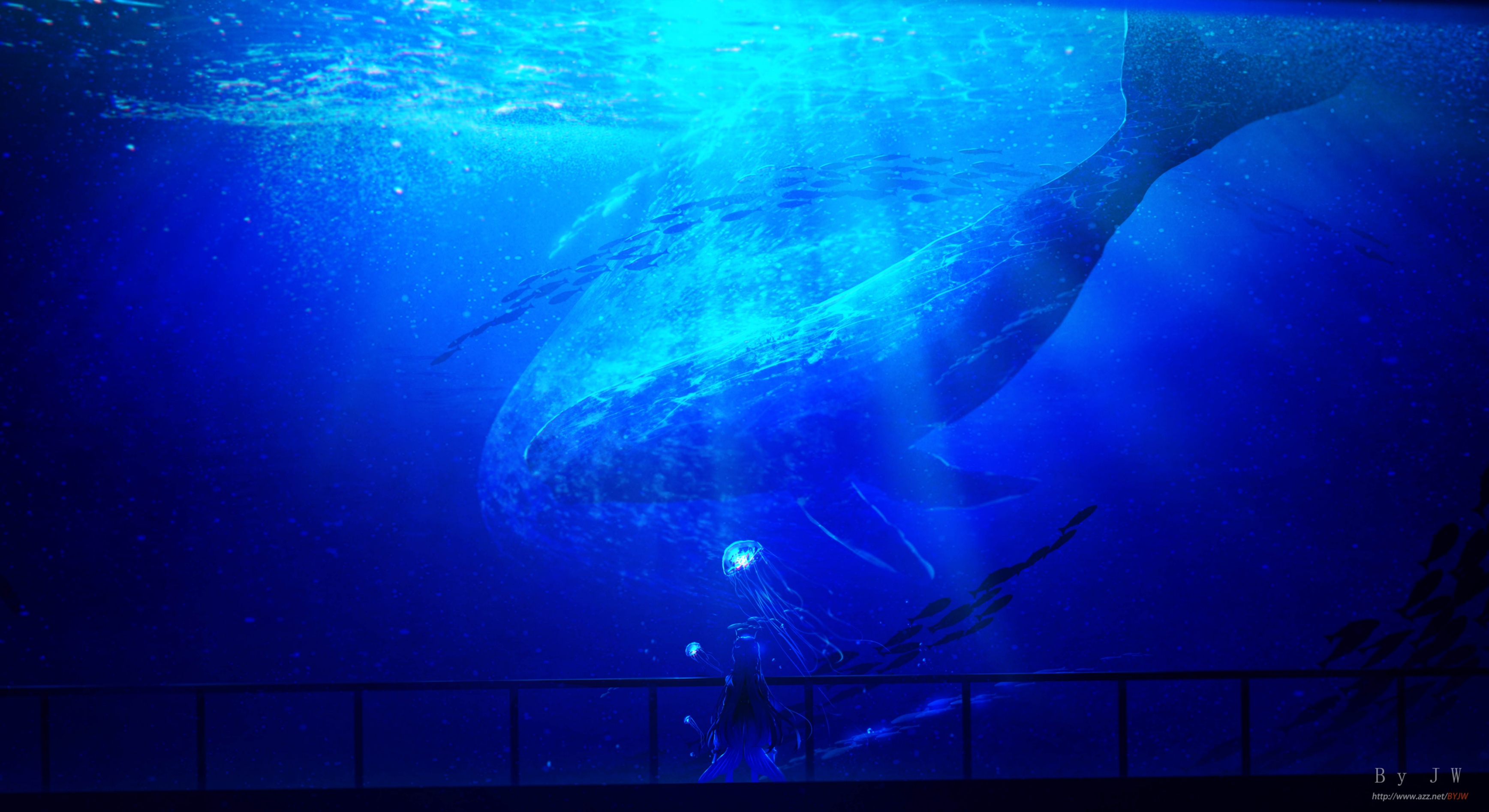 General 3473x1895 artwork landscape Pixiv whale ocean view water digital art watermarked