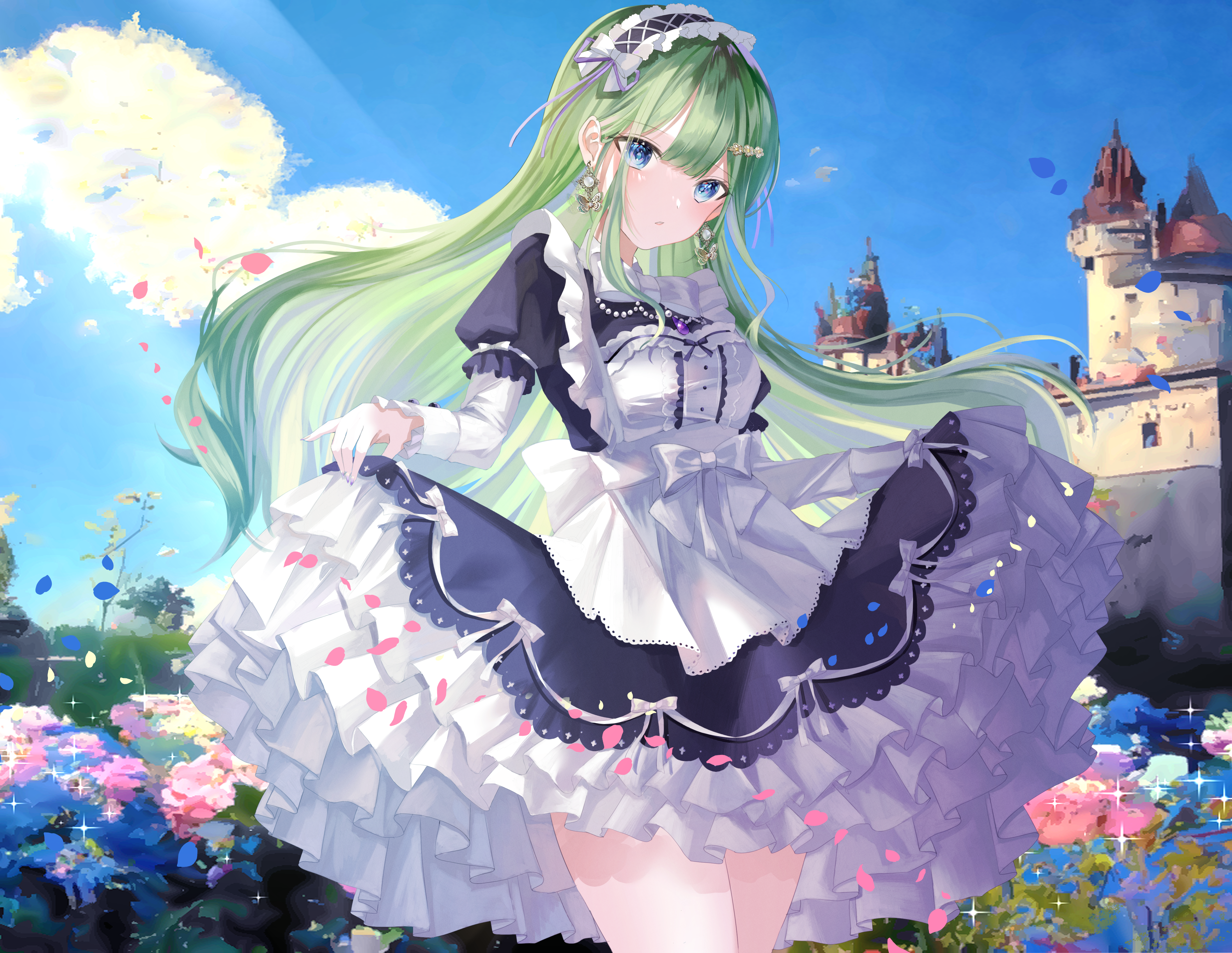 Anime 4392x3397 anime girls green hair maid maid outfit lifting dress blue eyes flowers