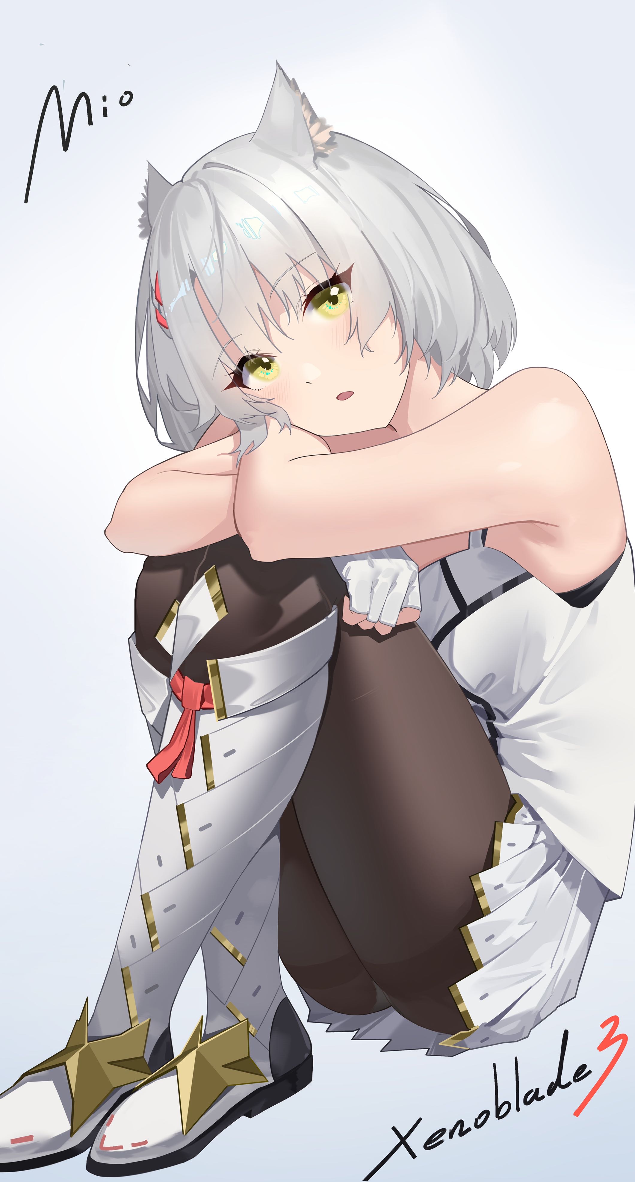 Anime 2120x3946 Xenoblade Chronicles 3 Mio (Xenoblade 3) cat girl Ray (artist) anime Pixiv anime girls animal ears thighs looking at viewer shoulder length hair gray hair white background simple background thighs together pantyhose black pantyhose boots anime games video games fan art video game girls