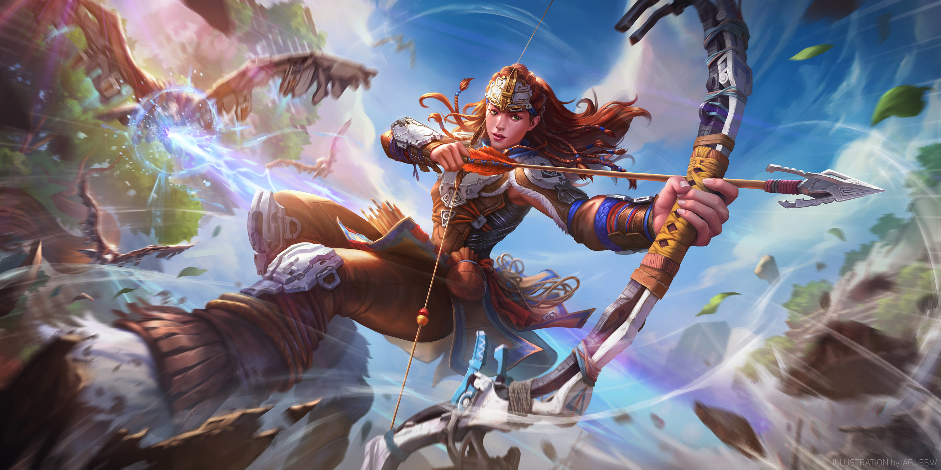 General 3000x1500 Agussw digital art illustration artwork fan art video game art video games fighting Aloy Horizon Forbidden West bow video game characters fantasy girl video game girls