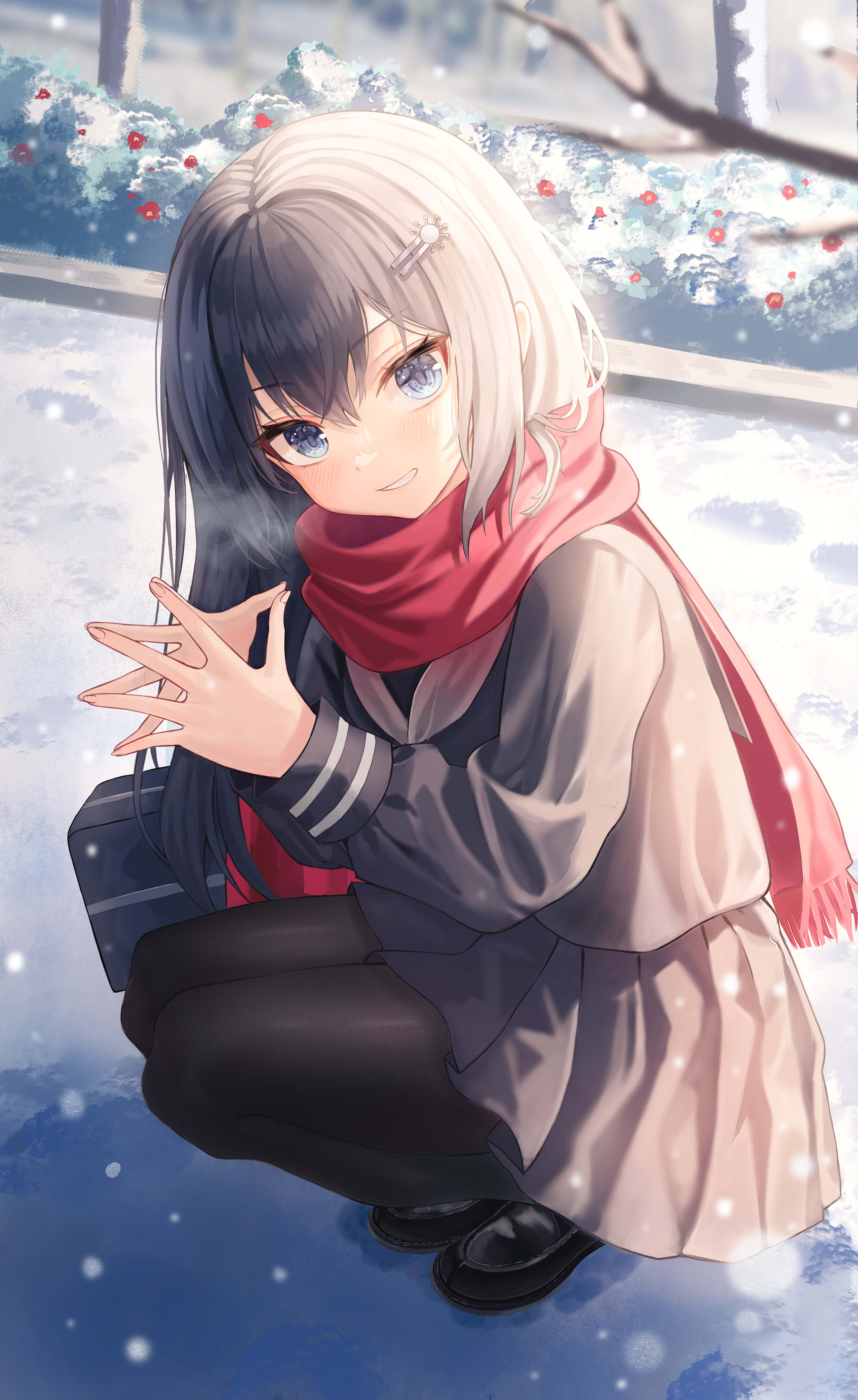 Anime 3093x5045 anime girls blue eyes schoolgirl school uniform squatting scarf