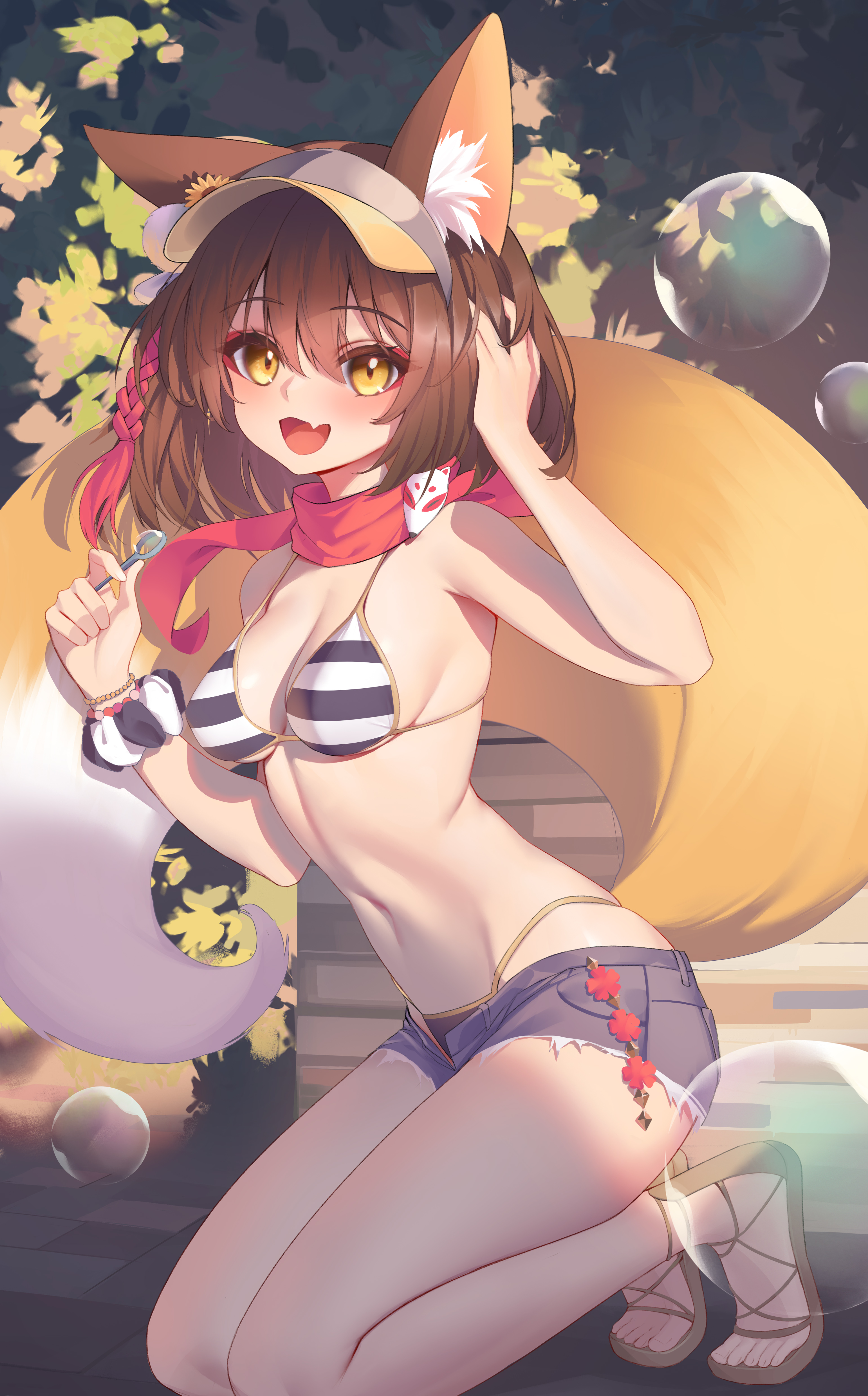 Anime 3085x4961 anime anime girls digital art 2D artwork Pixiv looking at viewer ecchi portrait portrait display belly belly button bikini shorts short shorts yellow eyes touching hair open mouth outdoors unbuttoned striped bikini petite knees together kuda izuna (Blue Archive) Blue Archive