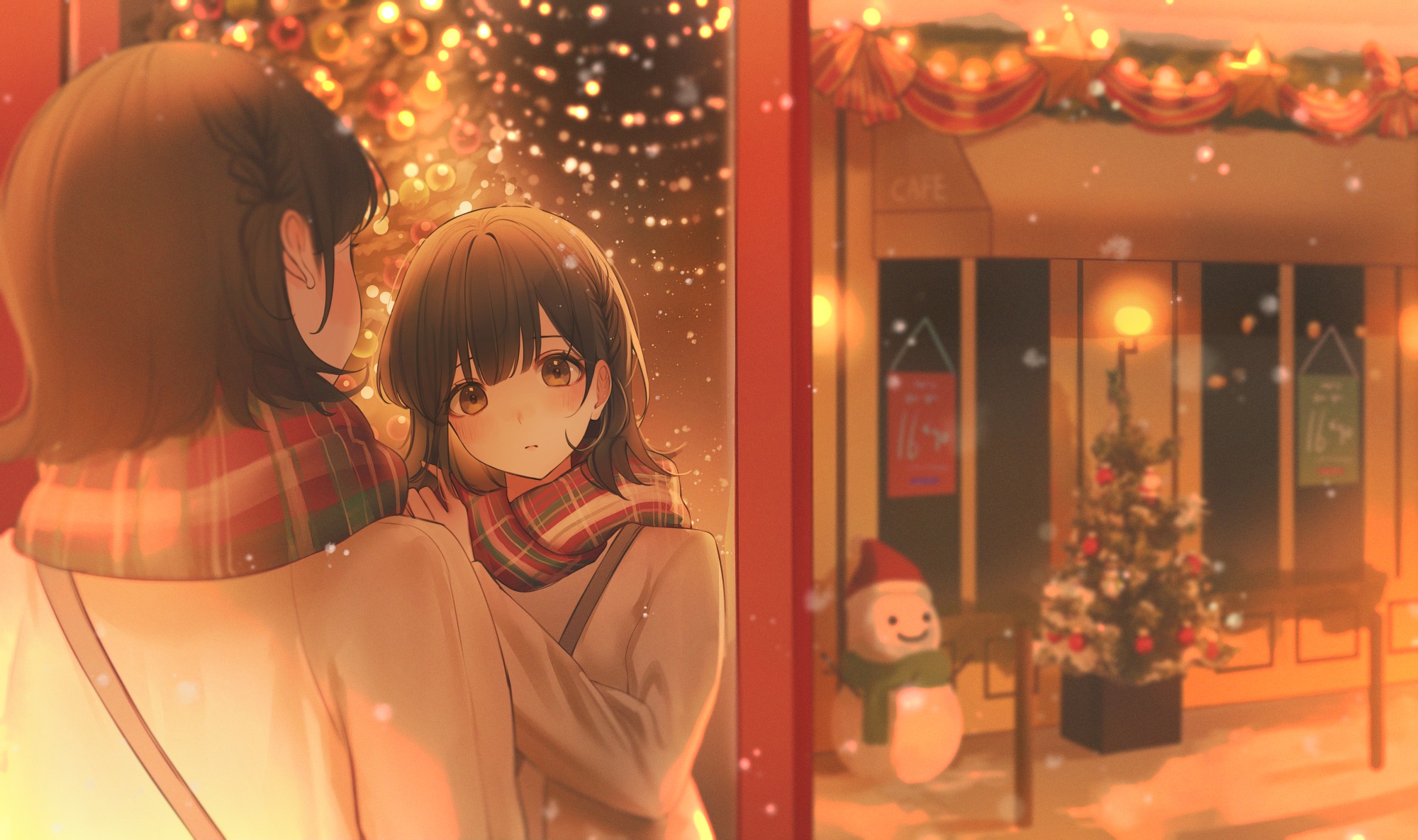 Anime 2000x1185 anime anime girls Lium artwork Christmas snowman cafe reflection brunette brown eyes scarf
