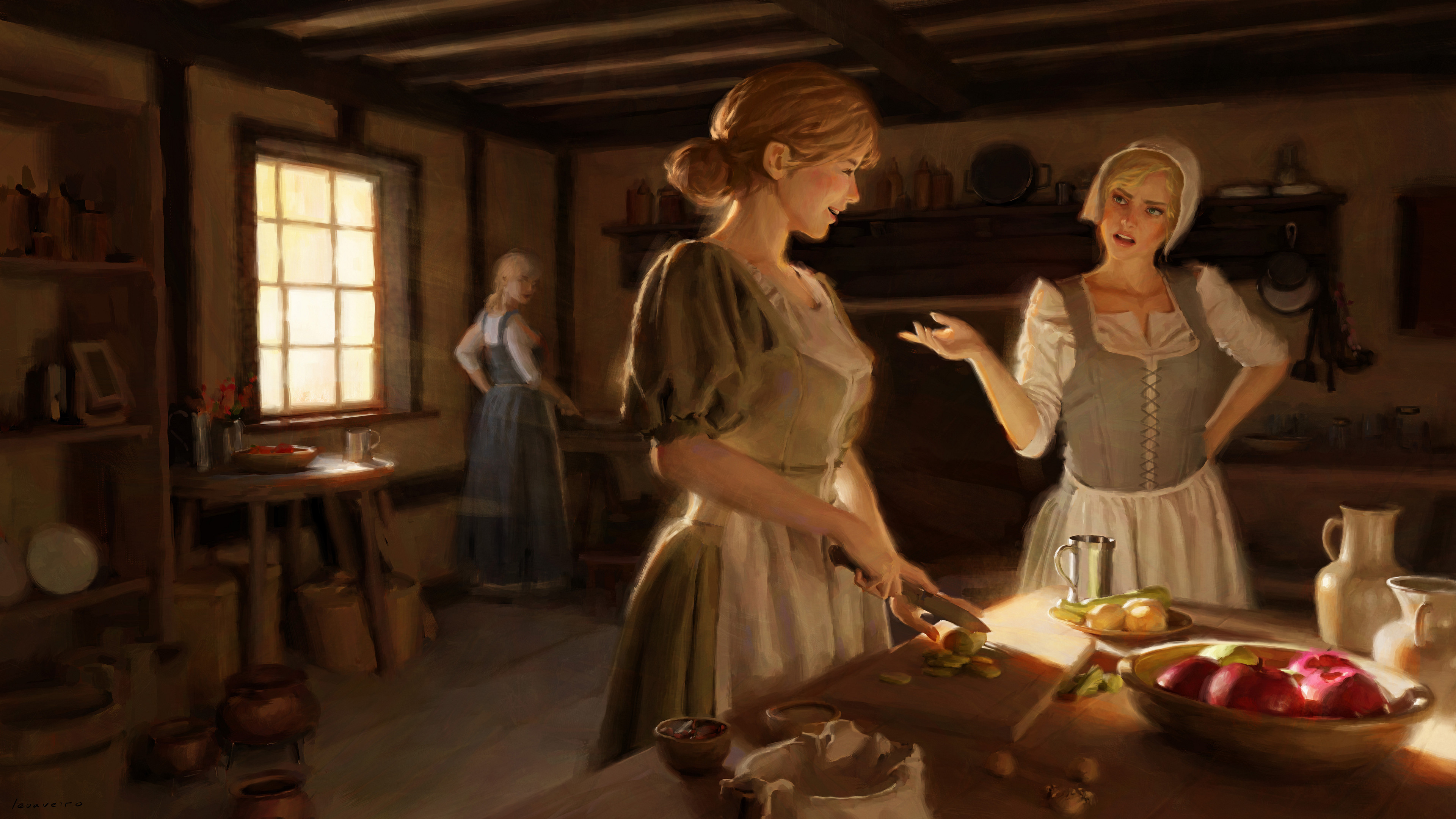General 3840x2160 artwork women group of women kitchen medieval blonde dress