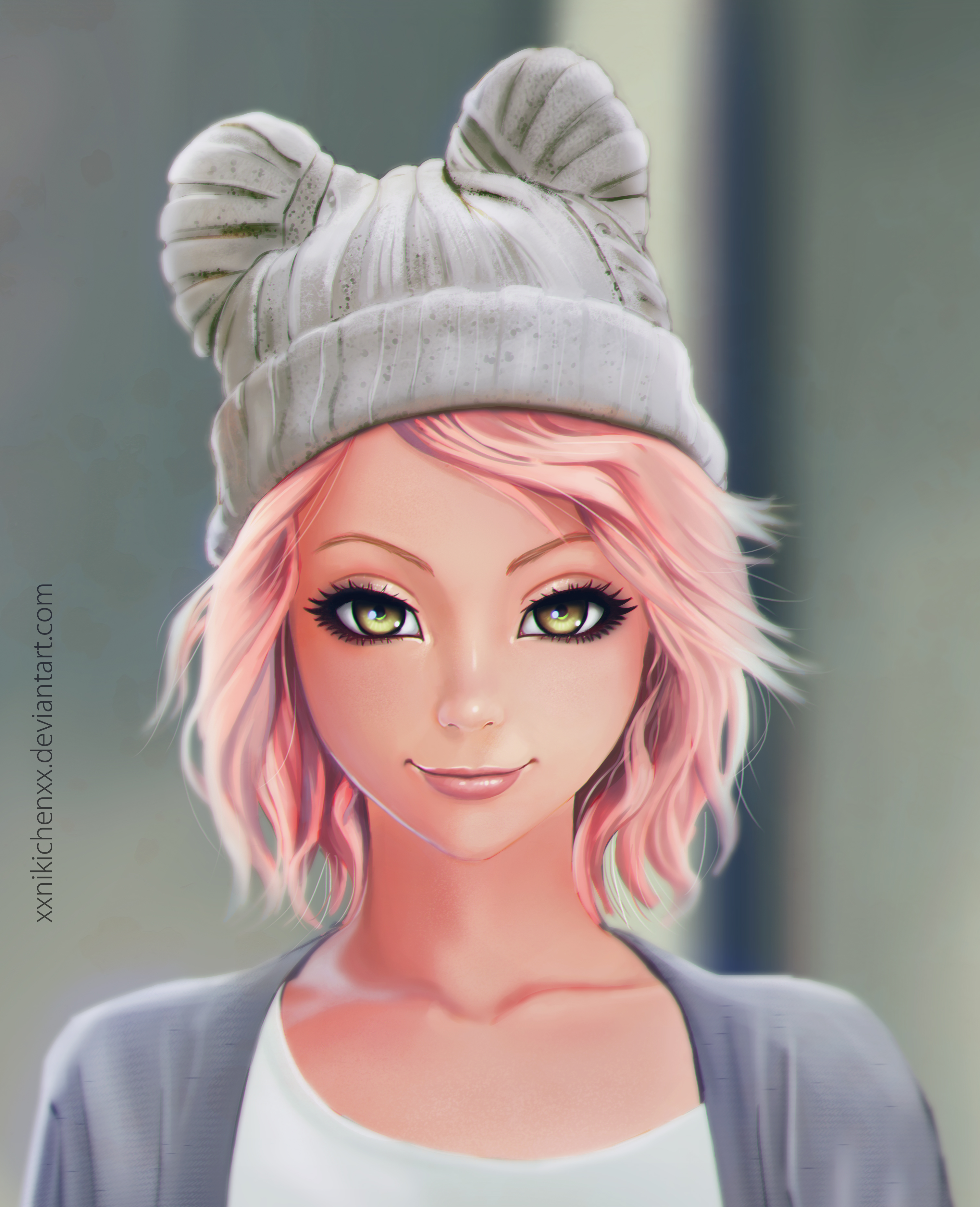 General 3019x3719 Nikita Varb women digital art artwork beanie pink hair short hair