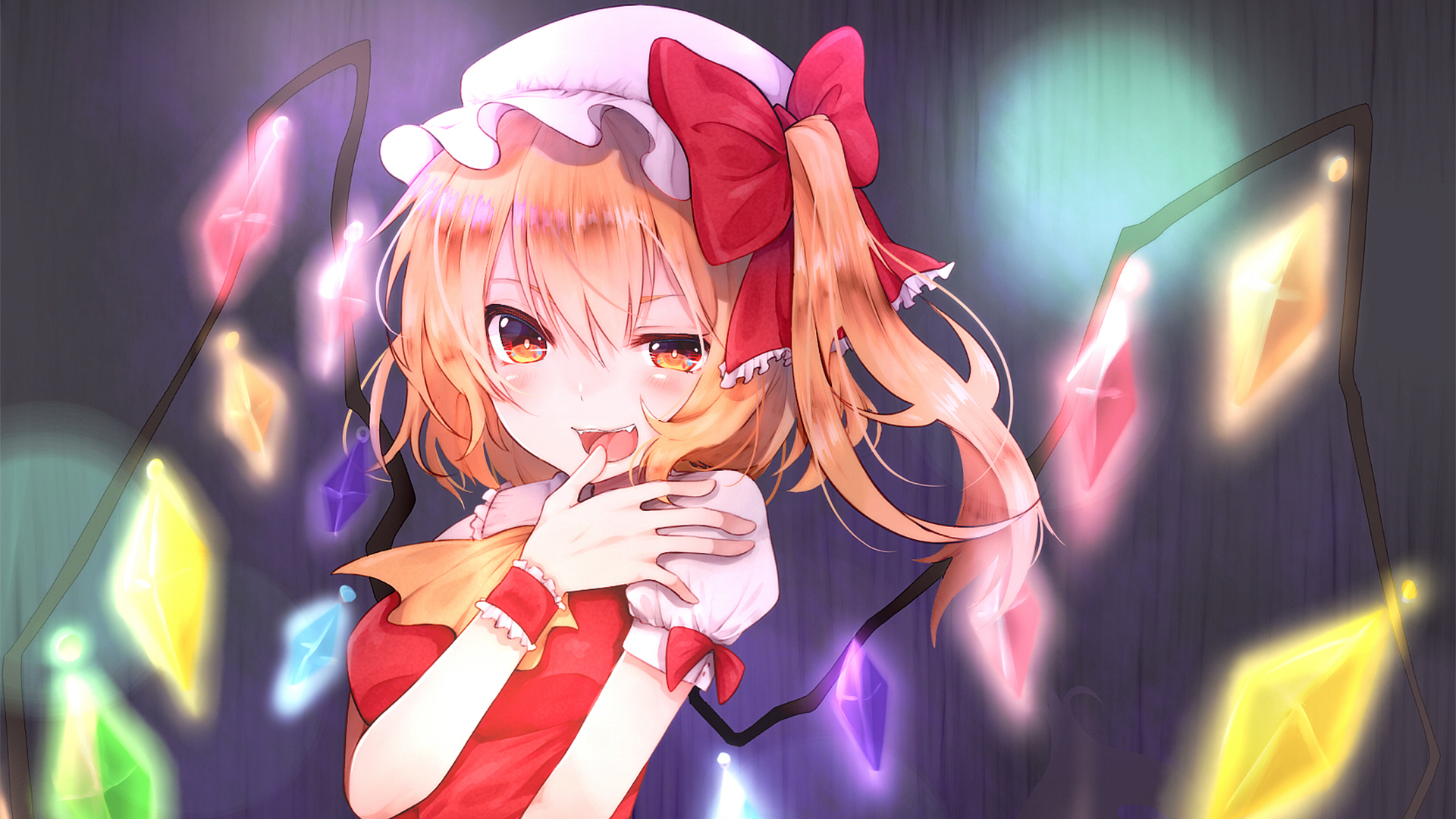 Anime 1920x1080 Touhou Flandre Scarlet anime girls yellow eyes side ponytail blonde wings open mouth