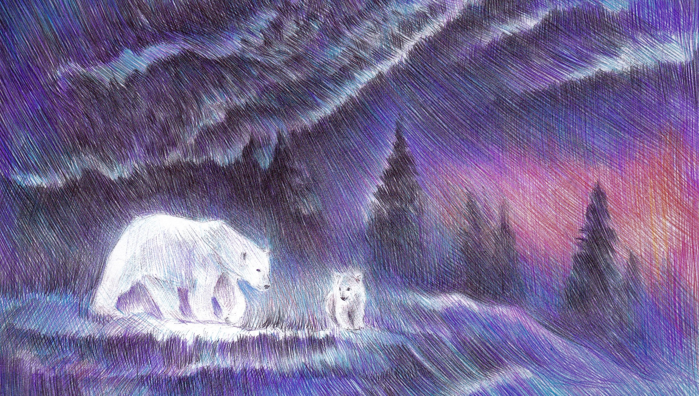 General 2408x1365 painting winter polar bears night sky digital art
