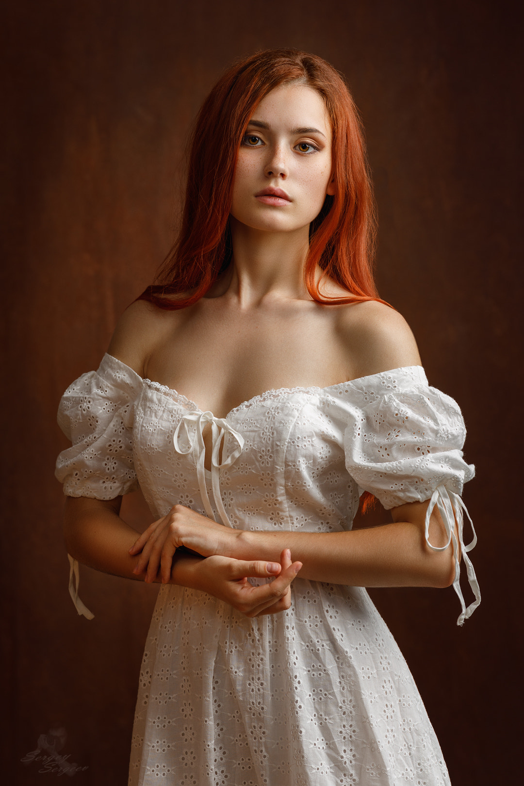 People 1080x1620 Sergey Sergeev women redhead bare shoulders dress white clothing freckles simple background Nadezhda Tretyakova sensual gaze