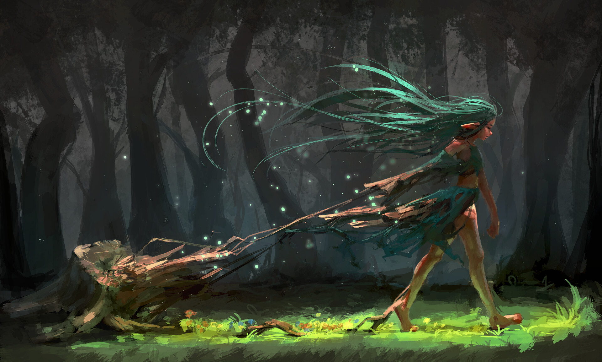 General 1920x1153 artwork fantasy art fantasy girl long hair green hair trees forest walking pointy ears